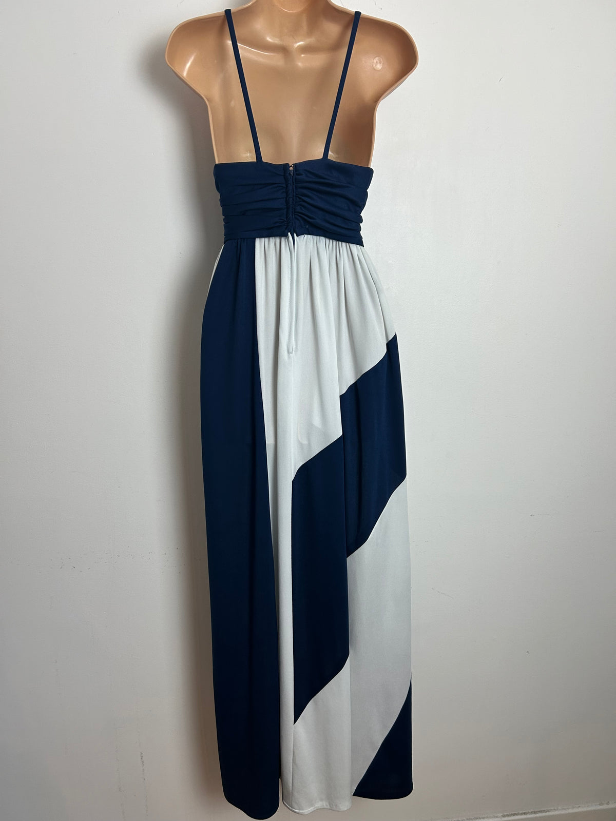 Vintage Late 1970s AFTER SIX Size 8 Navy Blue & White Panelled Strappy Occasion Maxi Dress