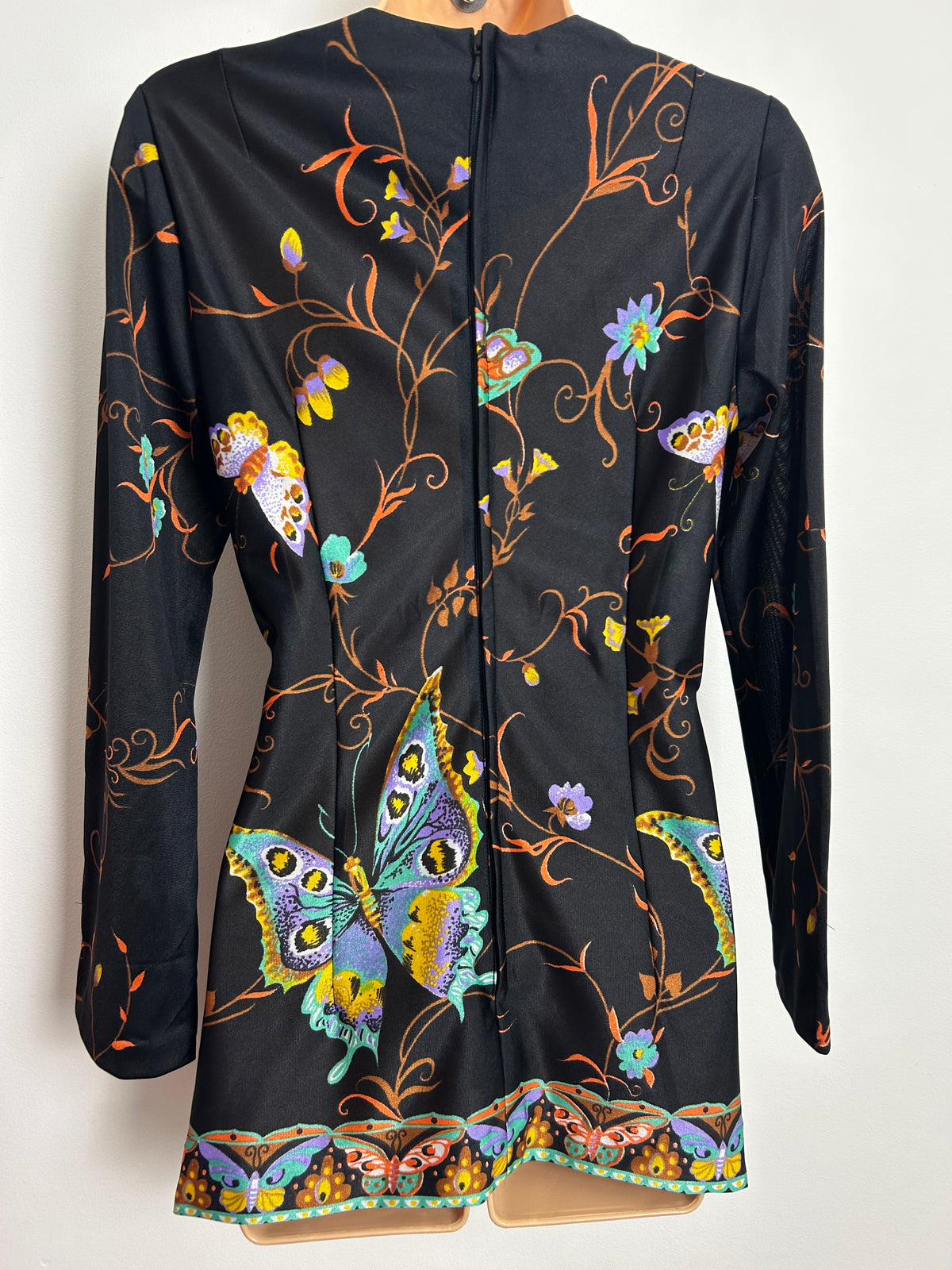 Vintage Late 1960s MODELLY Size 8-10 Black & Multicolour Butterfly Long Sleeve Tunic Style Top