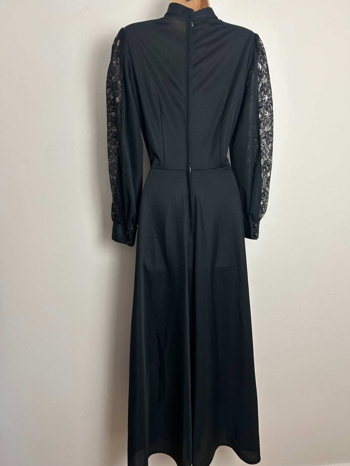 Vintage 1970s Size 10 Black Gothic Vibes Lace Illusion Neck Long Sleeve Maxi Dress