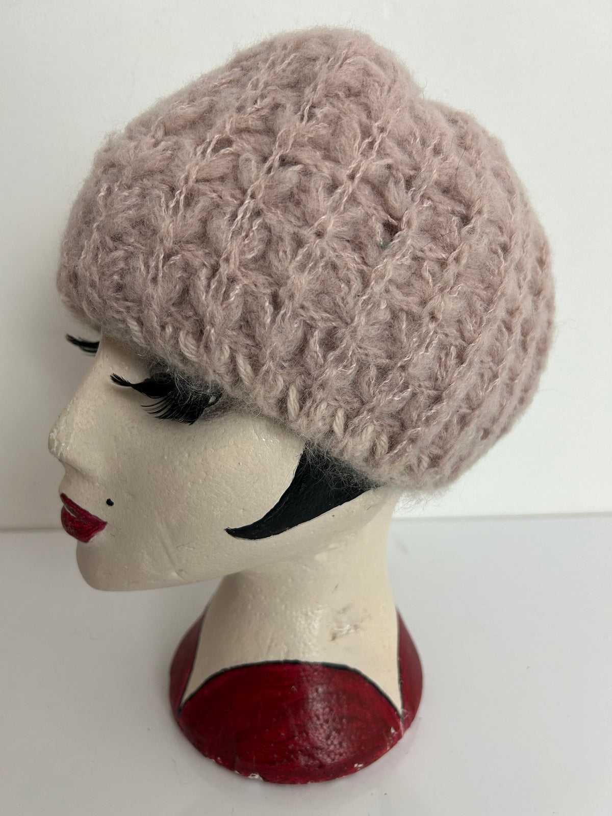 Vintage Pale Nude Pink Wool & Angora Chunky Knit Reversible Beanie/Beret Style Hat