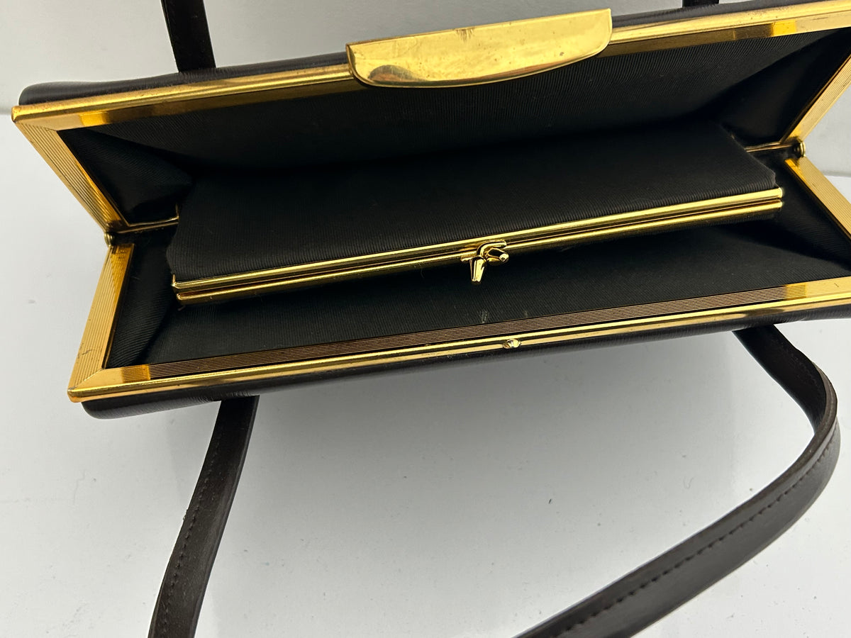 Vintage 1950s Matt Brown Leather Kelly Handbag With Gold Tone Frame