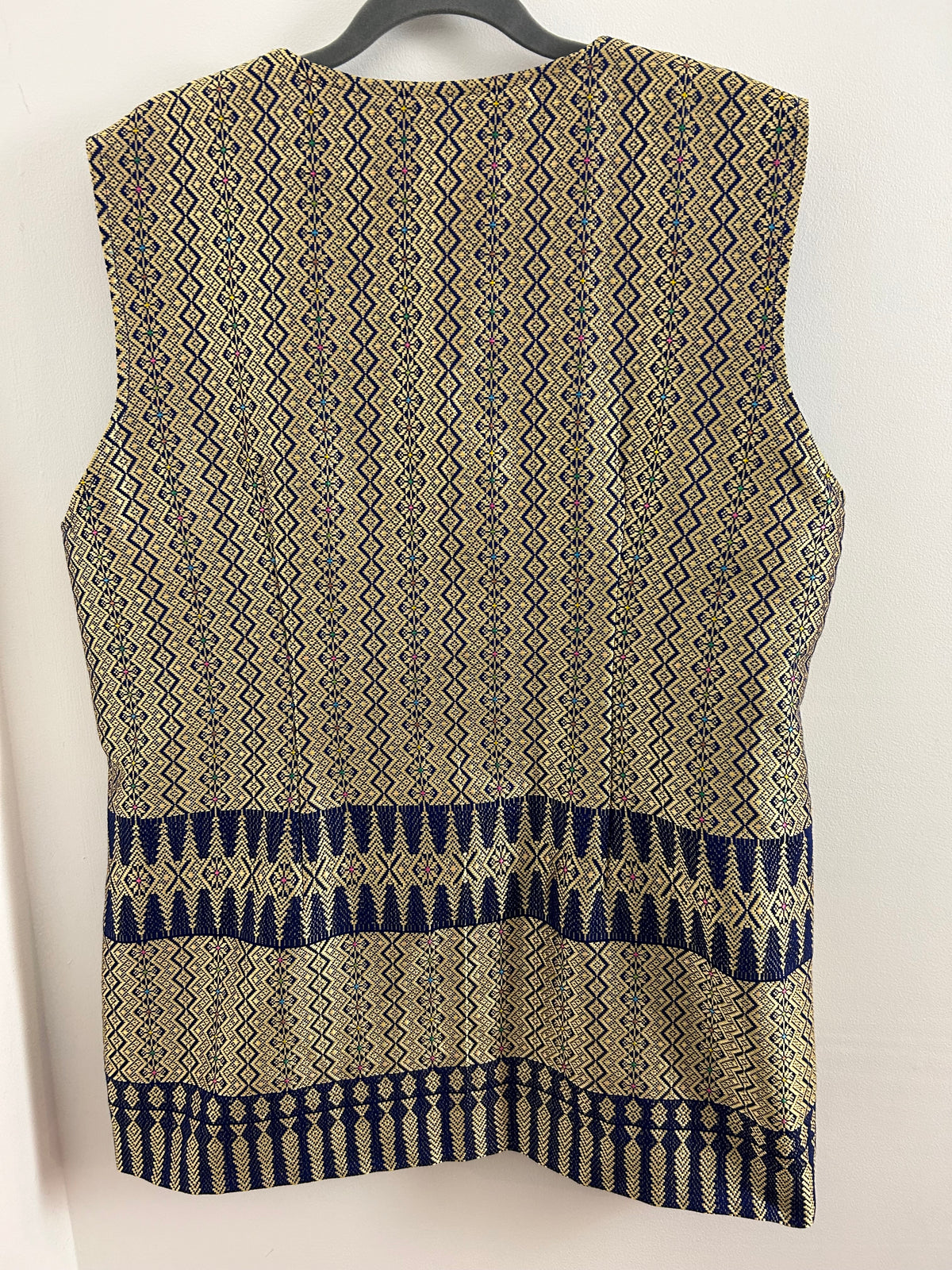 Vintage UK Size 14-16 Gold & Blue Woven Silk Abstract Pattern Tunic Waistcoat