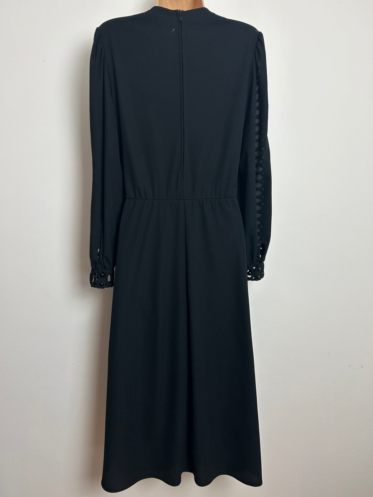 Vintage 1980s FRANKENWALDER Size 12 Black Cowl Neck Cut Out Ladder Sleeve Dress