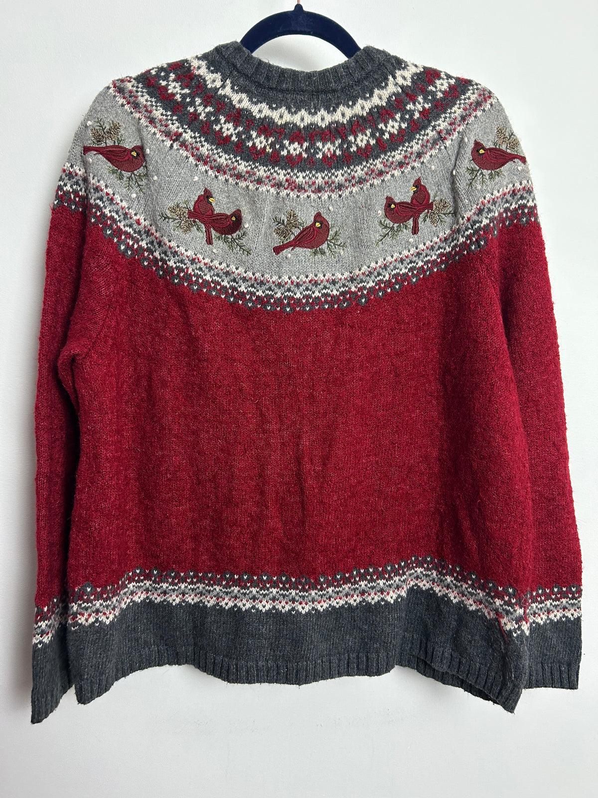 Vintage 1990s CROFT & BARROW Size 16-18 Red & Grey Cardinal Fair Isle Style Silk Mix Cardigan
