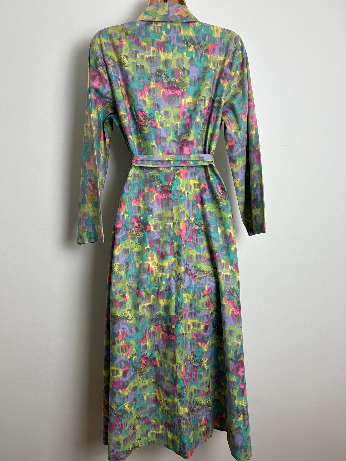 Vintage Late 1950s/Early 1960s Size 10-12 Green Pink Lilac & Turquoise Abstract Print Cotton Full Wrap Belted Day Dress