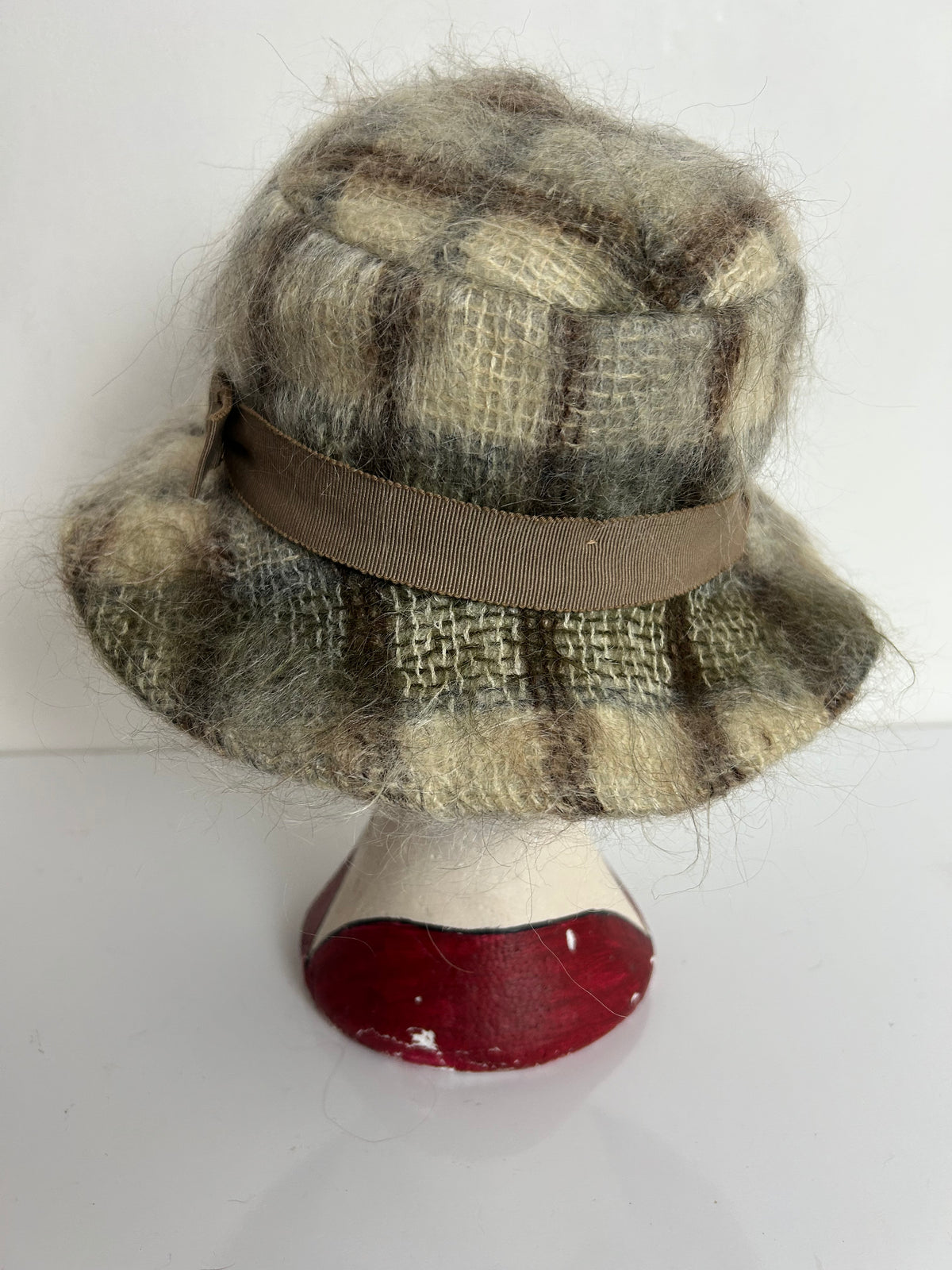 Vintage Brown & Beige Check Wool & Angora Mix Trilby Style Hat