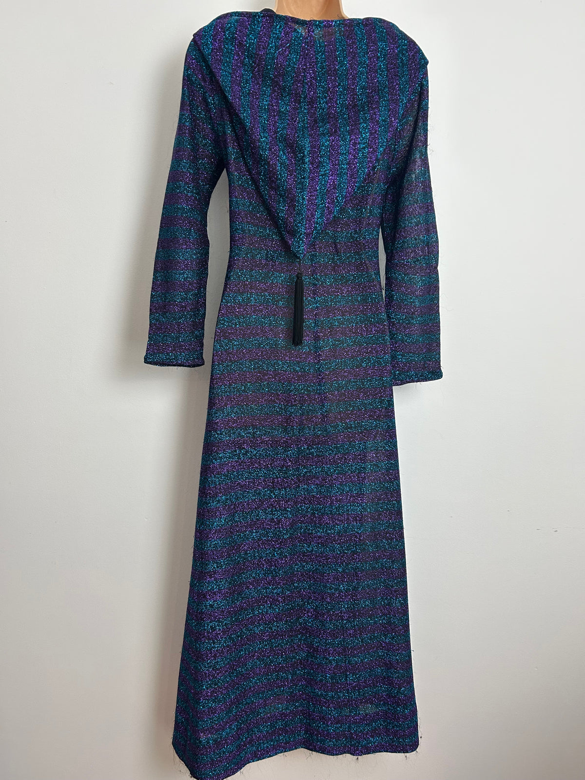 Vintage 1970s Size 6-8 Dark Turquoise & Purple Stripe Print Lurex Shimmery Hooded Occasion Maxi Dress