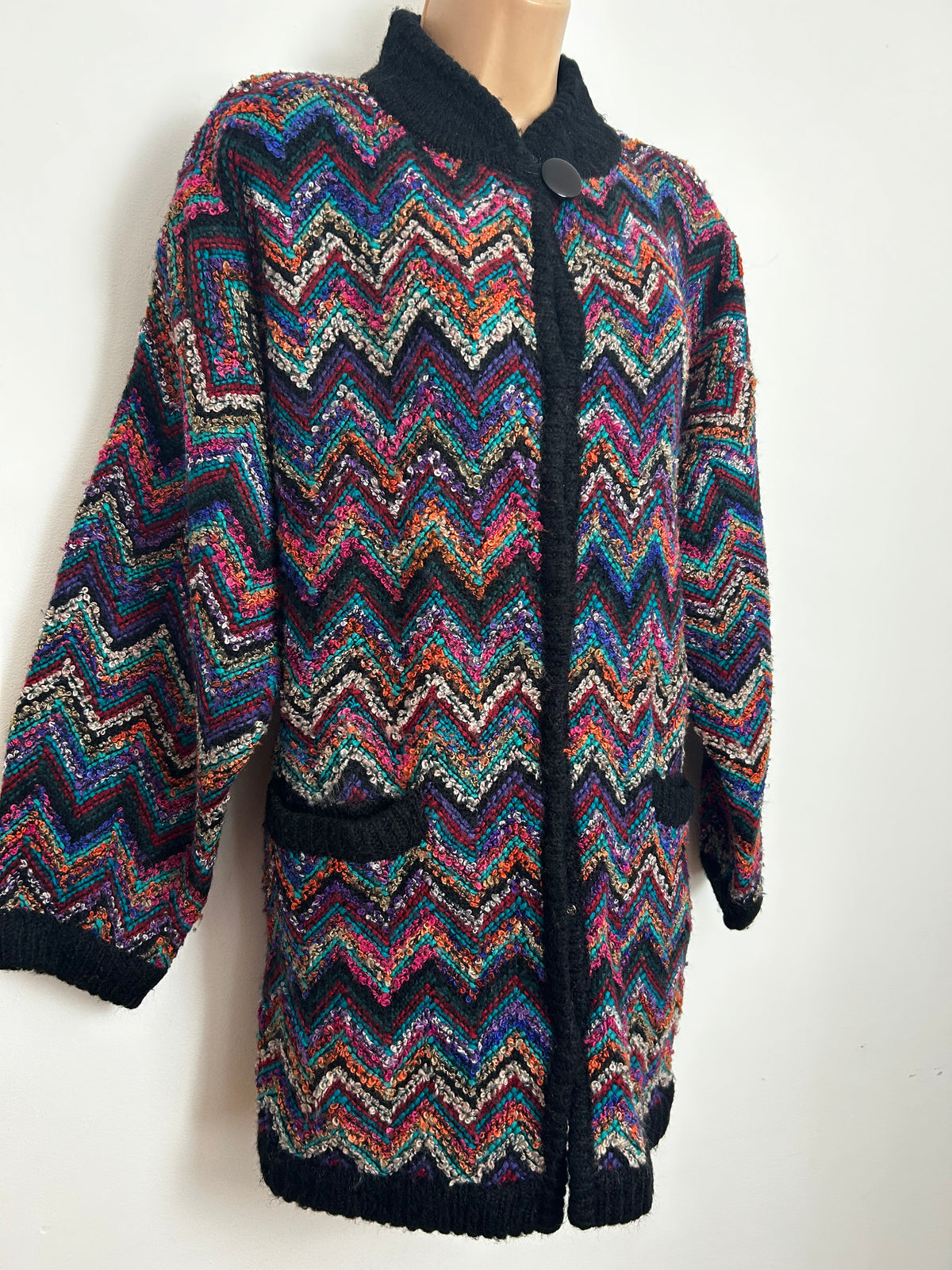 Vintage 1980s Up To Size 16 Black Multicolour Loop Yarn Chunky Knit Slouchy Cardigan