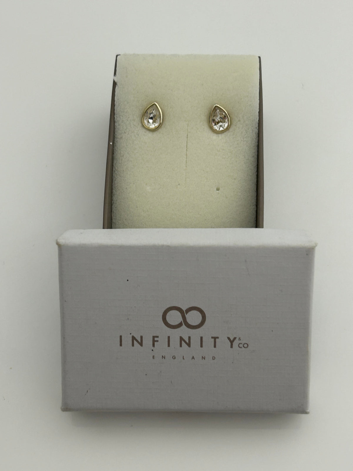 Brand New In Box Infinity & Co "Matilda" Swarovski Crystal Rhodium Plated Pear Shaped Earrings