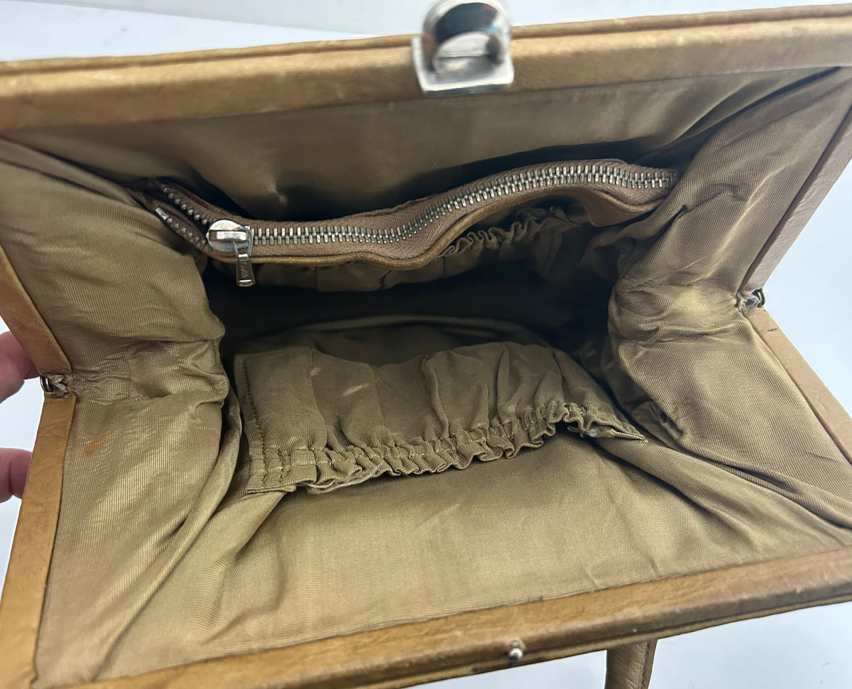 Vintage 50s 60s Beige Leather Double Top Handle Kelly Bag