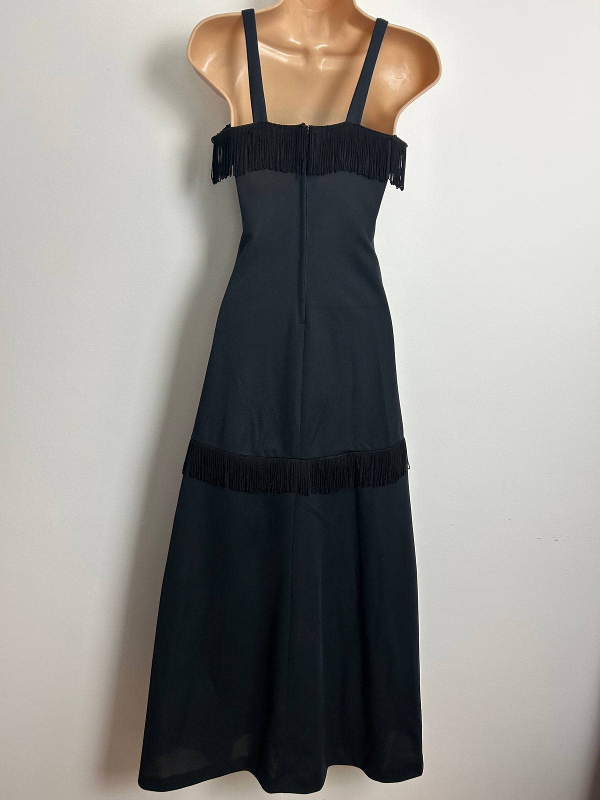 Vintage 1970s C&A Size 6 Black Fringing Detail Strappy Evening Maxi Dress
