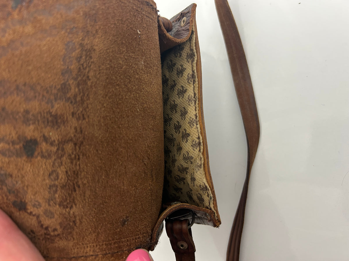 Vintage 1970s Small Brown Leather Tooled Mini Saddle Bag