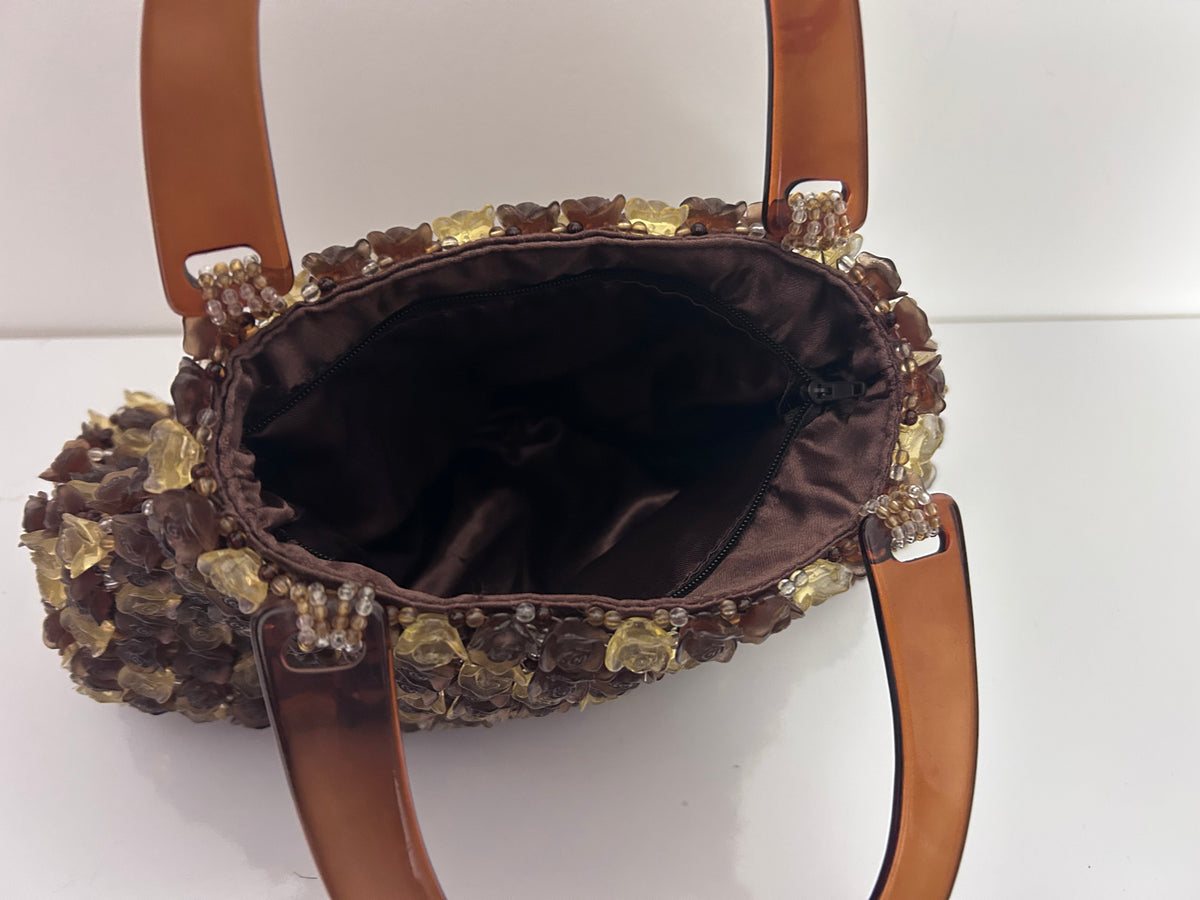 Vintage 1960s Gorgeous Brown & Beige Heavy Plastic Roses & Beaded Handbag