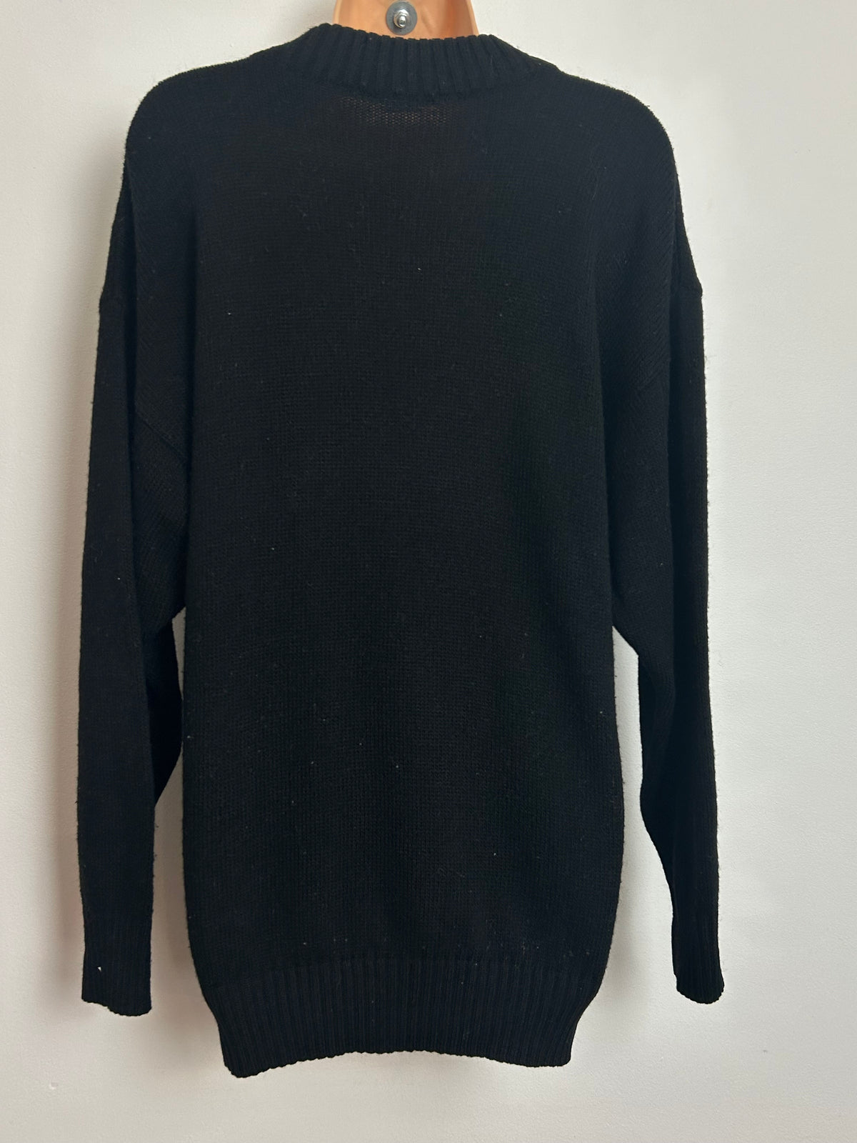 Vintage 1980s Size L (Up to Size 16) Black Mustard & Cream Figurine With Brolly Applique Long Sleeve Jumper