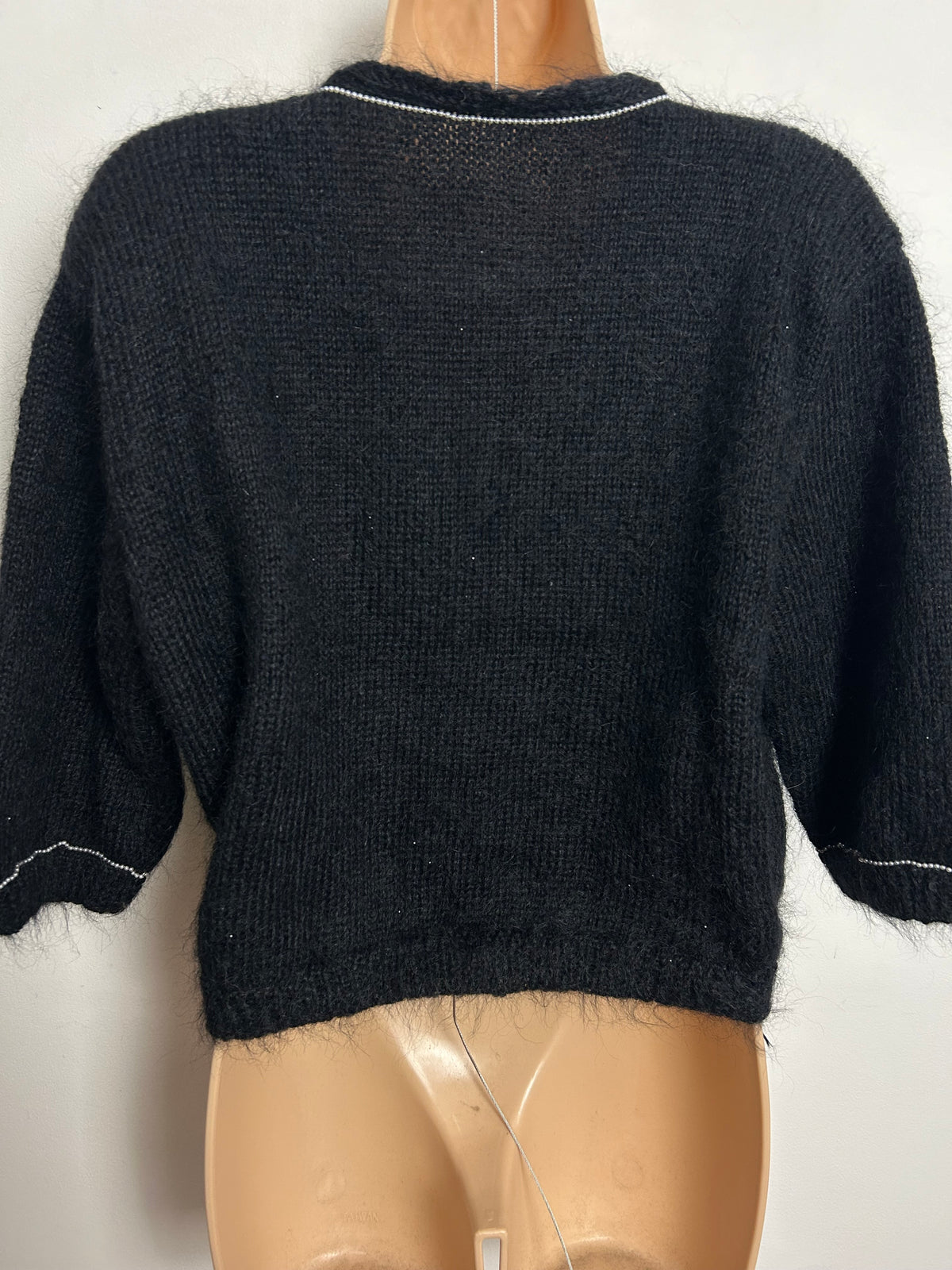 Vintage 1980s Size 12-14 Black Mohair Mix Mock Wrap Bead Detail Jumper