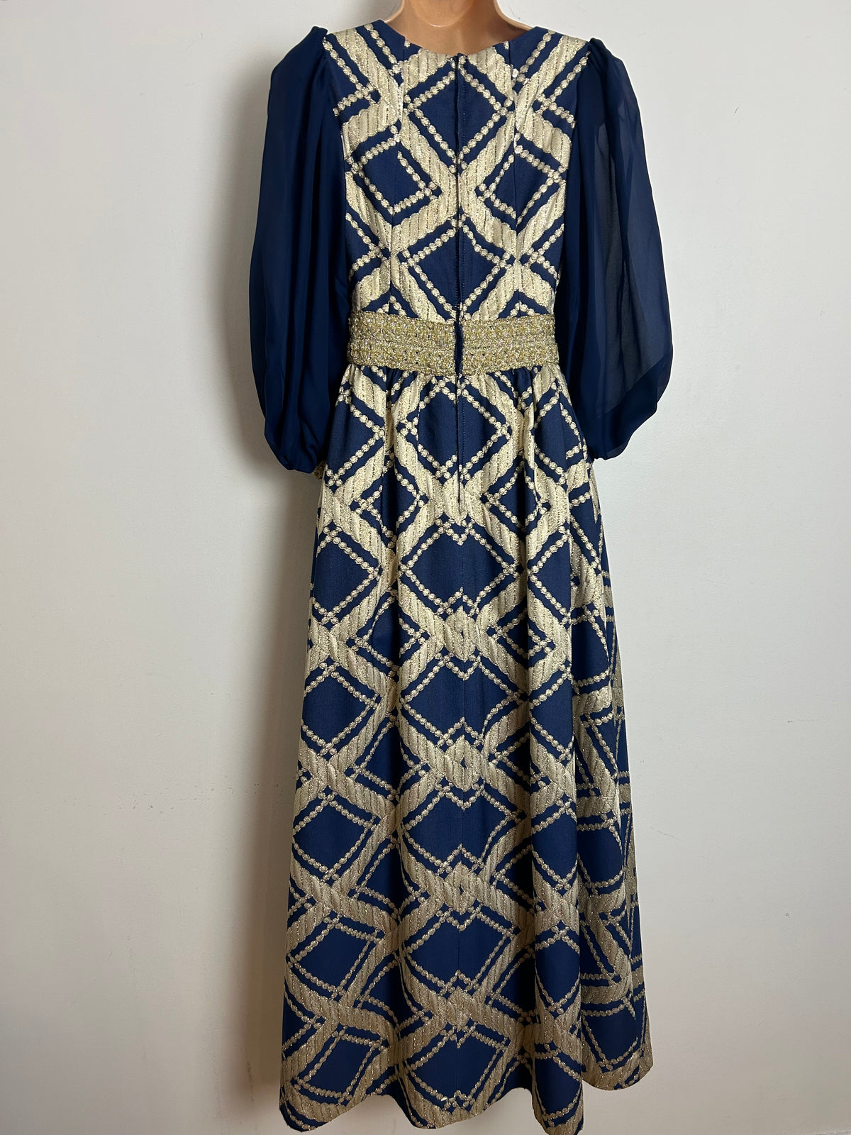 Vintage 1960s Size 6 Navy Blue & Gold Braid Trim Brocade Occasion Evening Maxi Dress