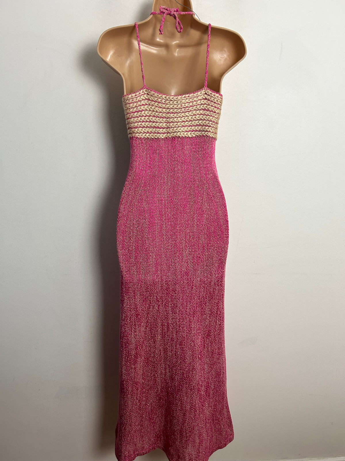 Vintage 1970s MARY FARRIN UK Size 8 Pink & Beige Strappy Lace Up Front Linen Mix Knitted Maxi Dress