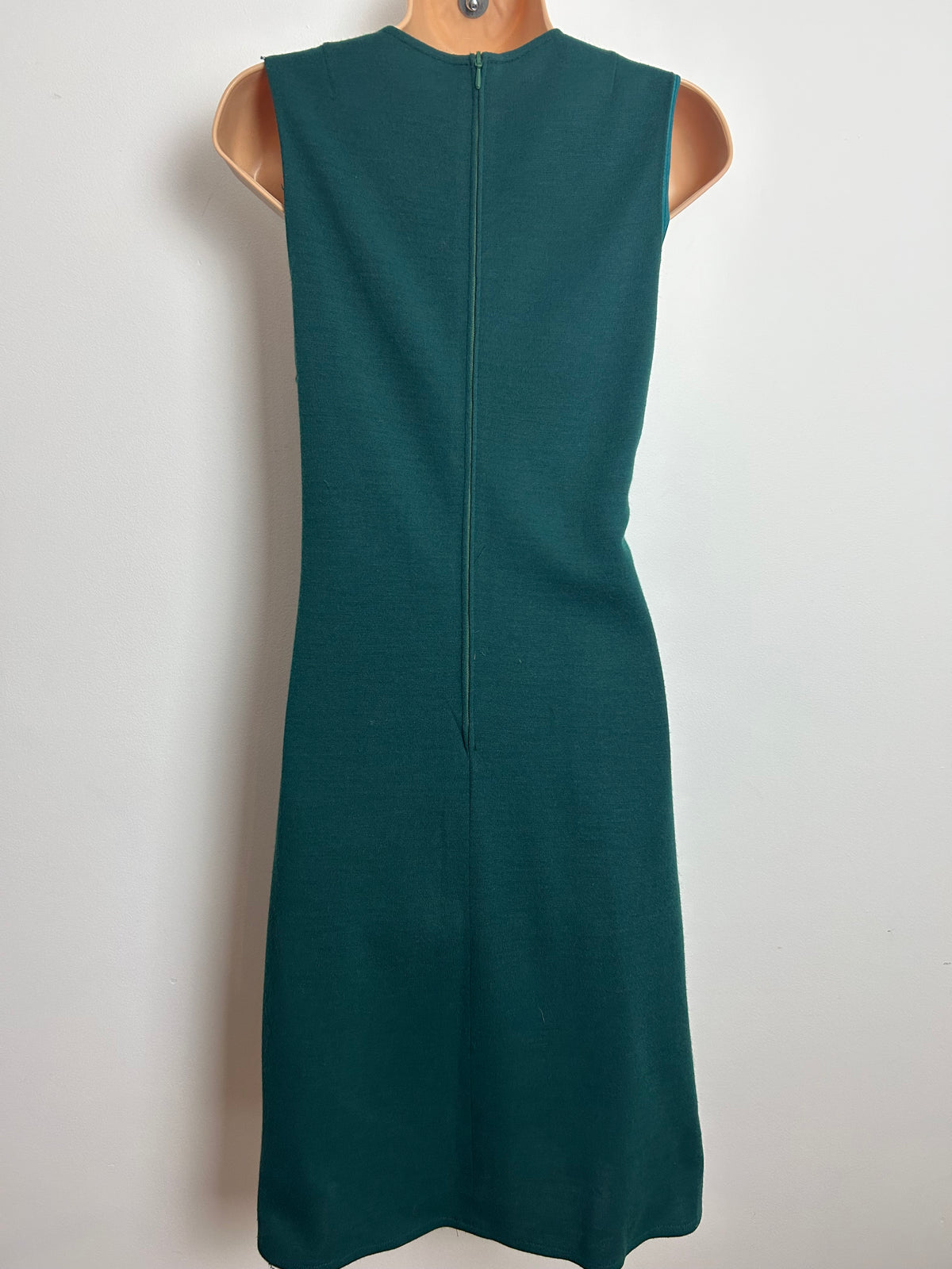 Vintage 1960s Size 10 Teal Green Wool Mix Sleeveless Button Detail Mod Shift Dress
