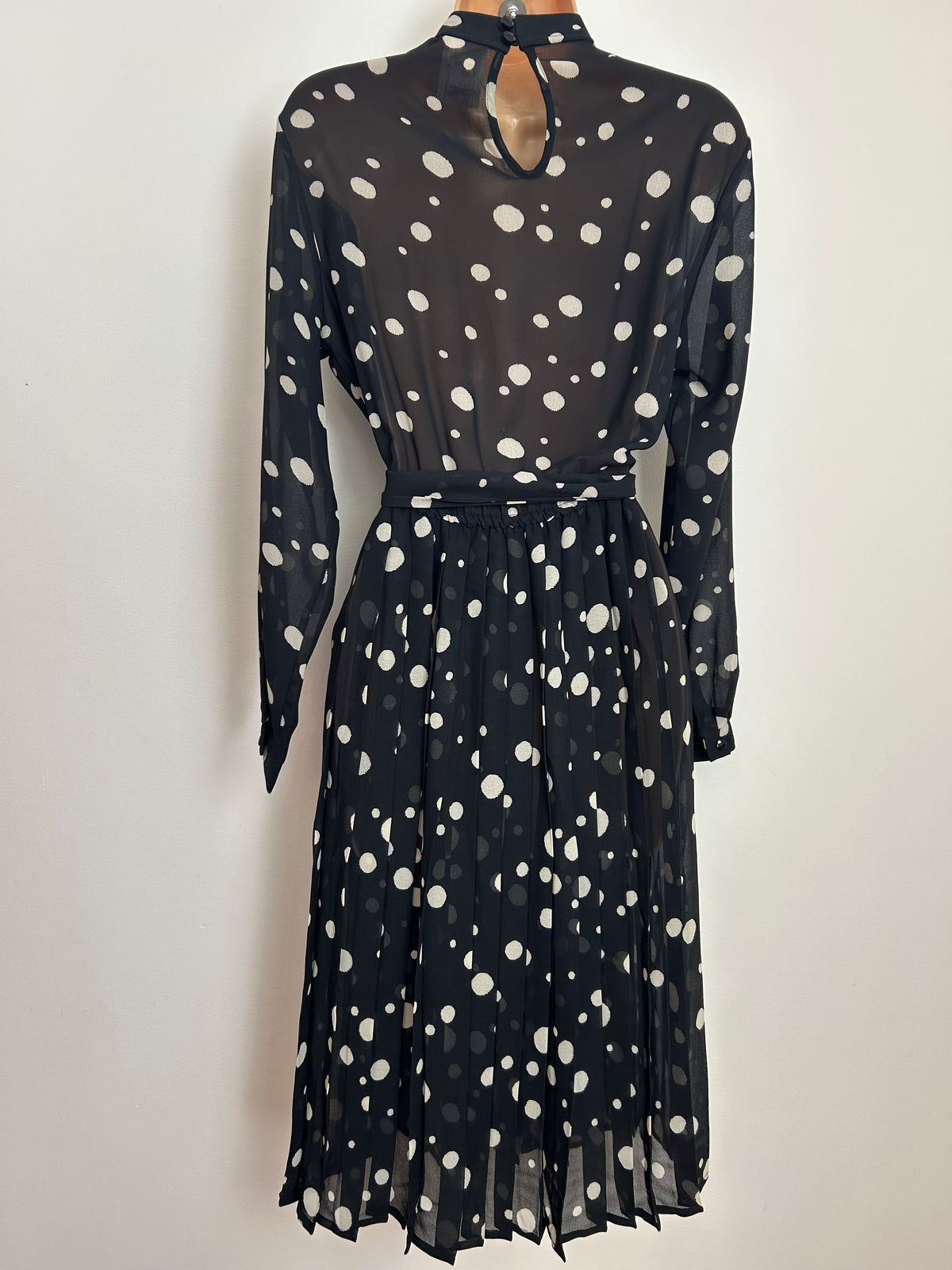 Vintage Early 1980s ST MICHAEL Size 12 Black & White Polka Dot Spot Print Belted Pleated Dress