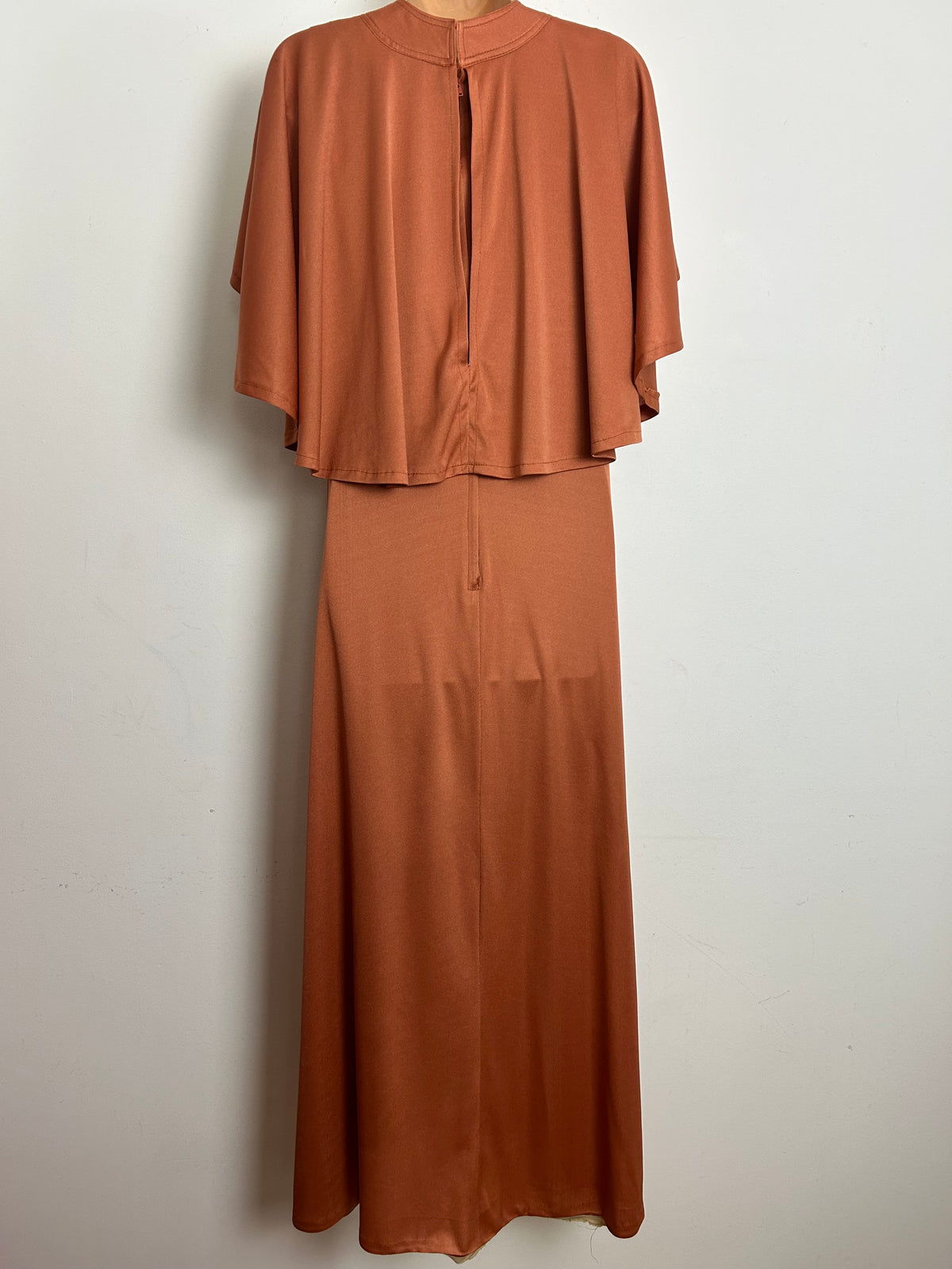 Vintage 1970s Size 10 Terracotta Cape Sleeve Crimplene Maxi Dress