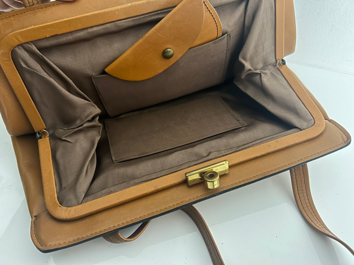 Vintage Late 1960s Tan Brown Top Handles Leather Handbag With Small Matching Coin Purse