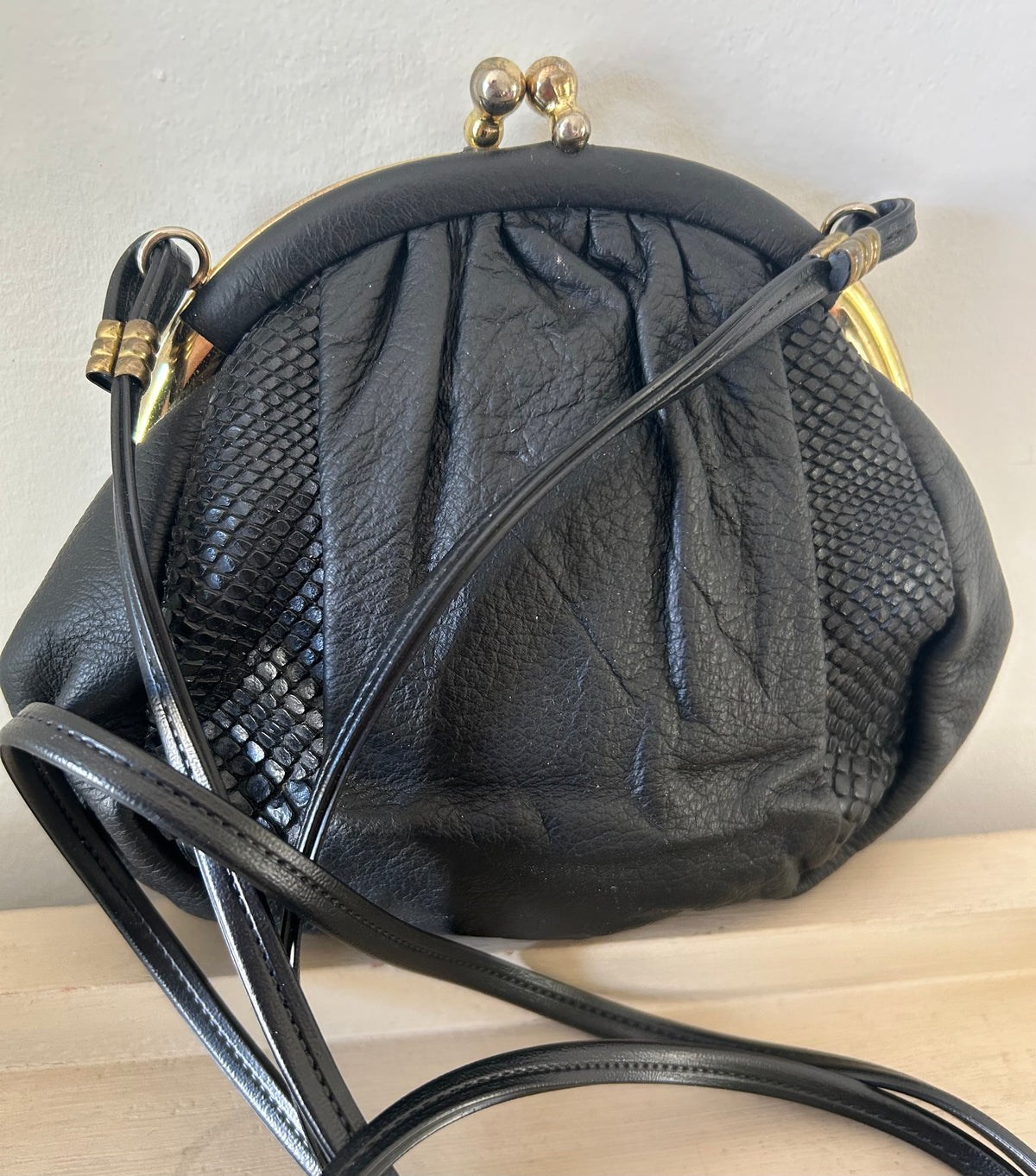 Vintage 1980s Small Black Faux Leather Reptile Pattern Detail Shoulder Messenger Bag