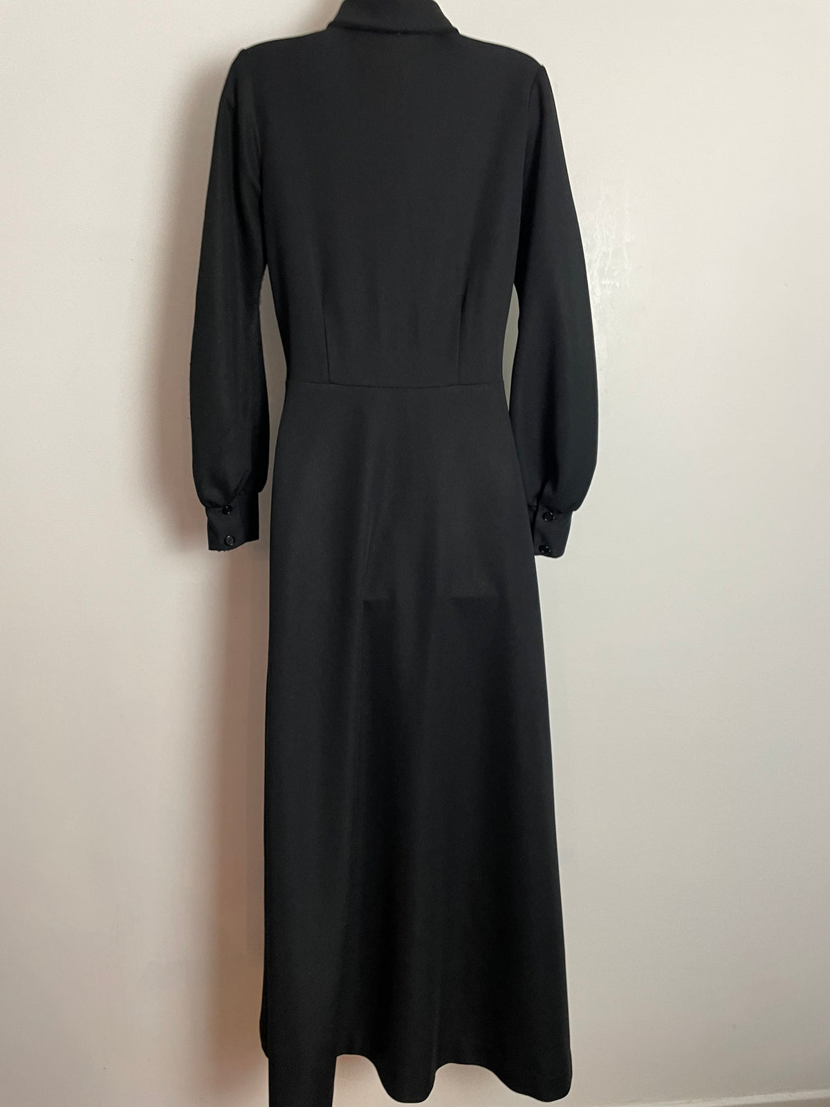 Vintage 1970s UK Size 10 Black & Silver Lurex Bodice Dagger Collar Long Sleeve Maxi Dress