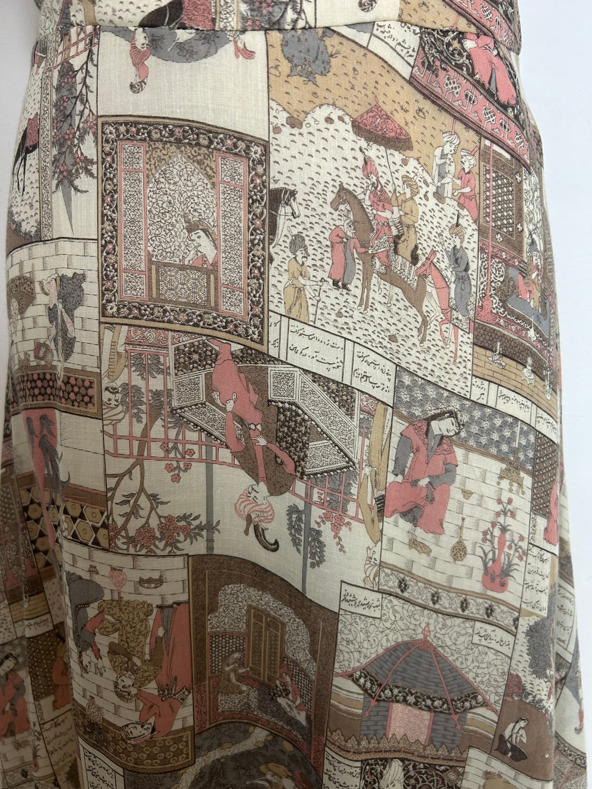 Vintage 1970s PETER ELLIS Size 6-8 Cream Brown & Dusky Pink Intricate Persian Novelty Print Boho Maxi Dress