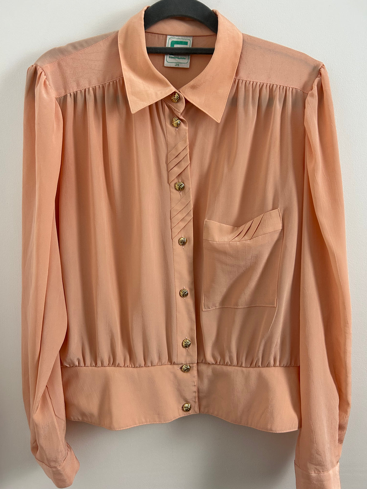 Vintage 1980s FRANKENWALDER Size 12-14 Pale Peach Pleat Detail Long Sleeve Peplum Blouse