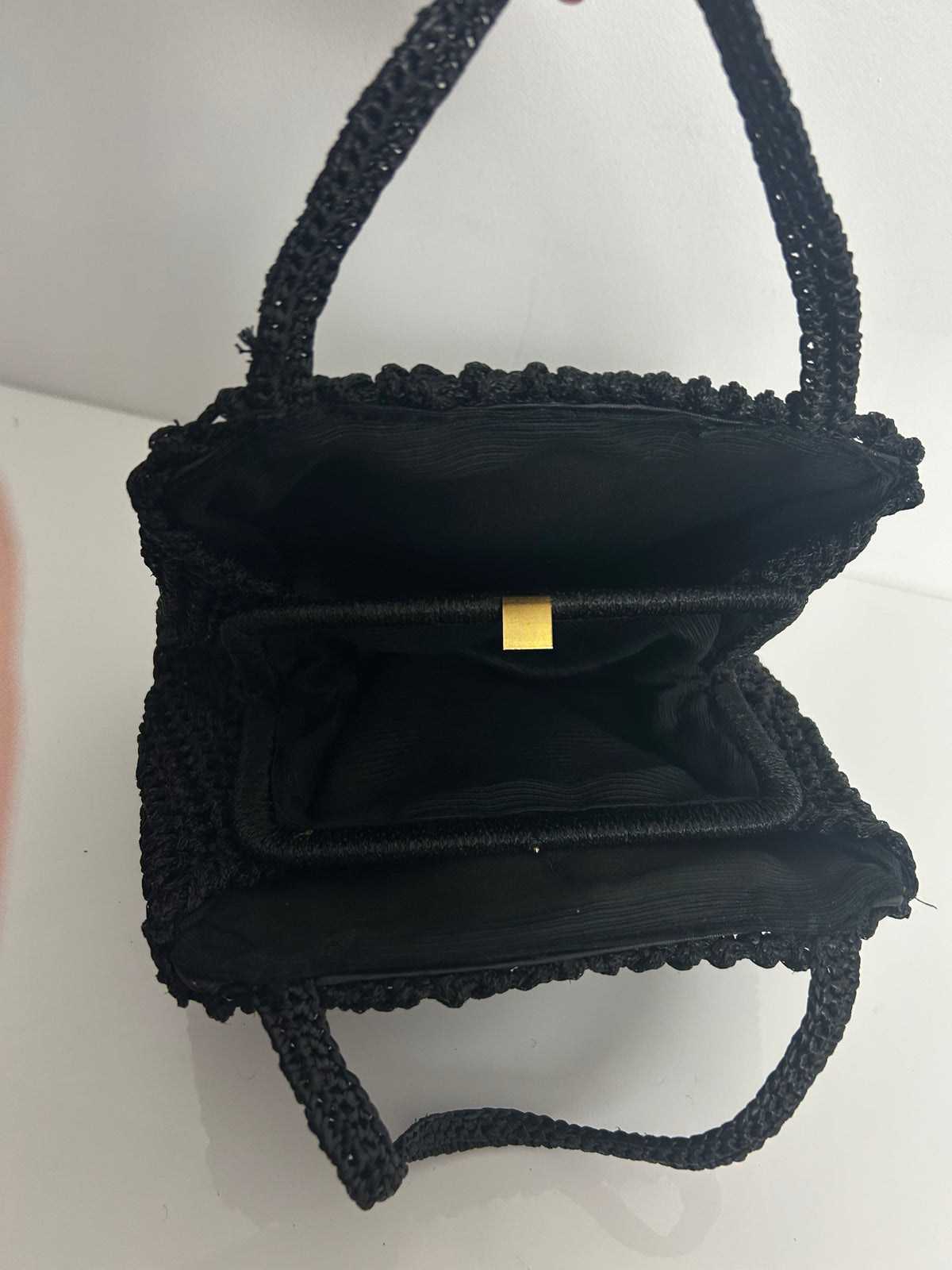 Vintage 1960s Gorgeous Black Crochet Woven Style Top Handle Kelly Style Handbag