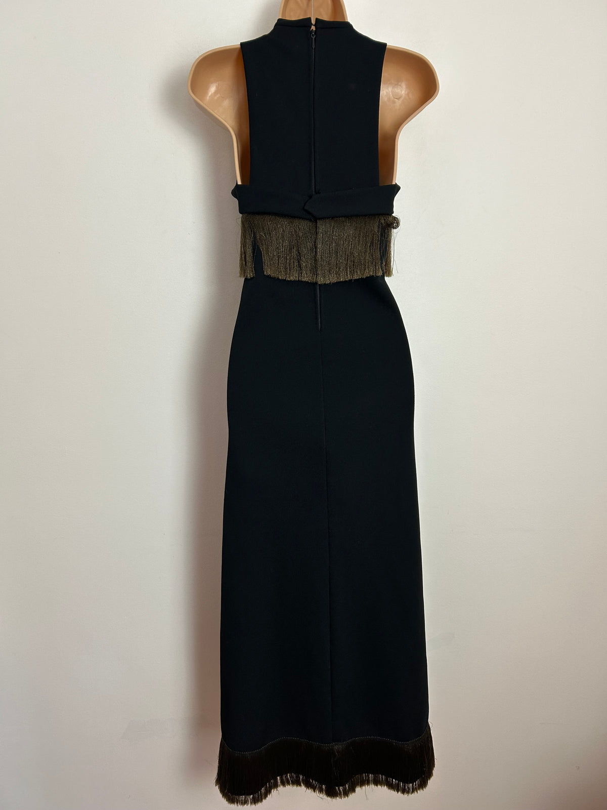 Vintage 1970s UK Size 8 Black Sleeveless Fringe Tassel Trim Evening Occasion Maxi Dress