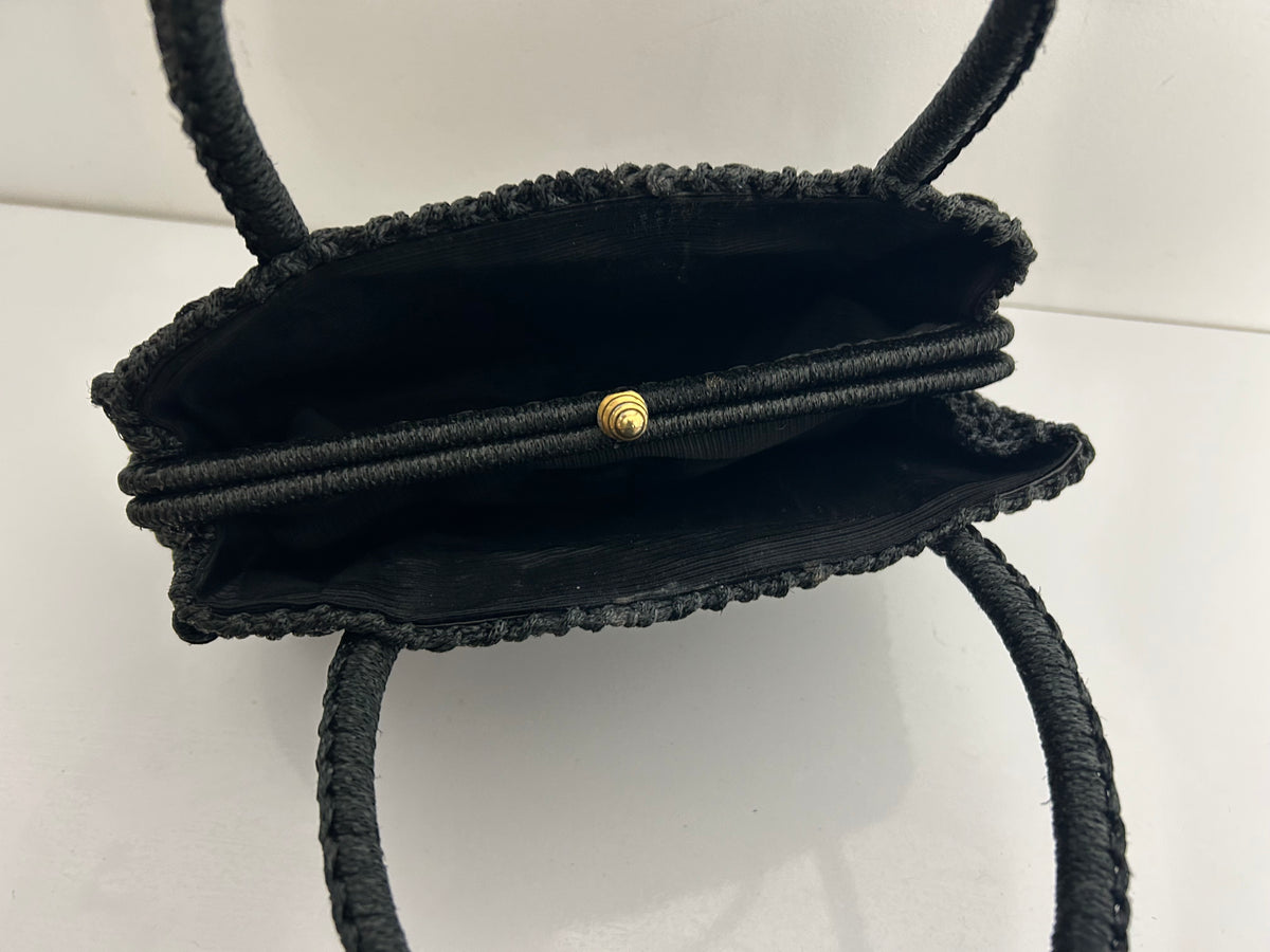 Vintage 1960s Gorgeous Black Crochet Woven Style Top Handle Kelly Style Handbag
