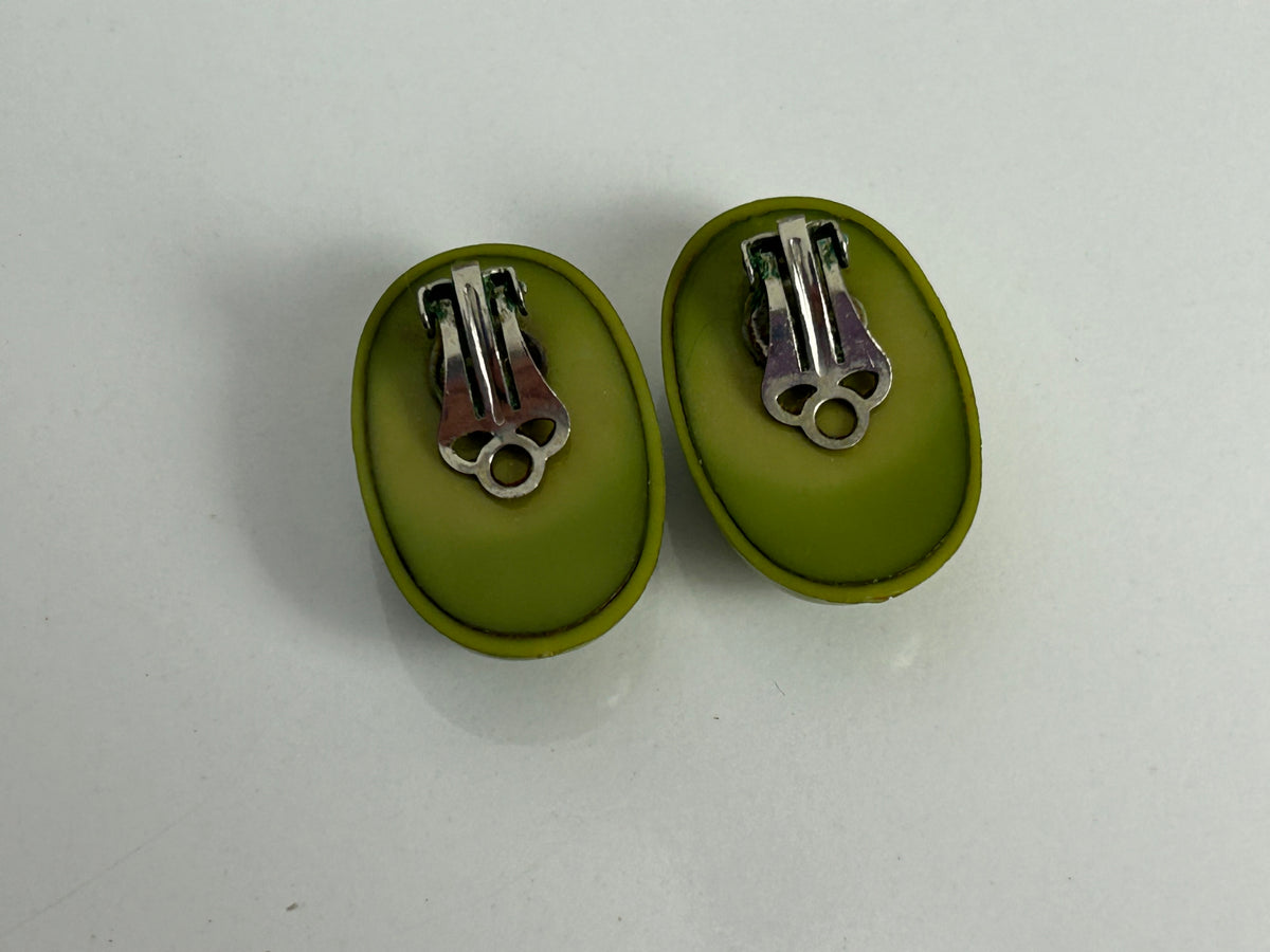 Vintage 1960s Olive Green Plastic Oval Clip On Earrings
