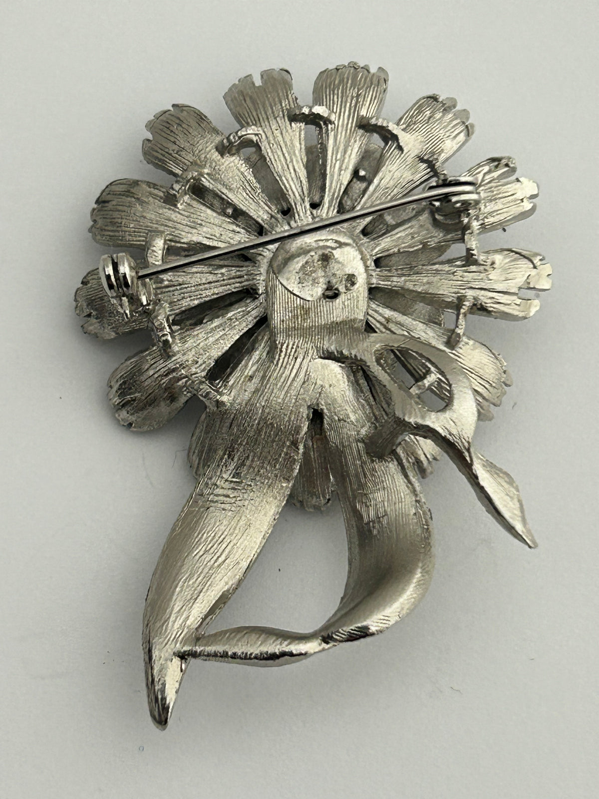Vintage Large Silver Tone Base Metal Diamante Set Flower Pin Brooch