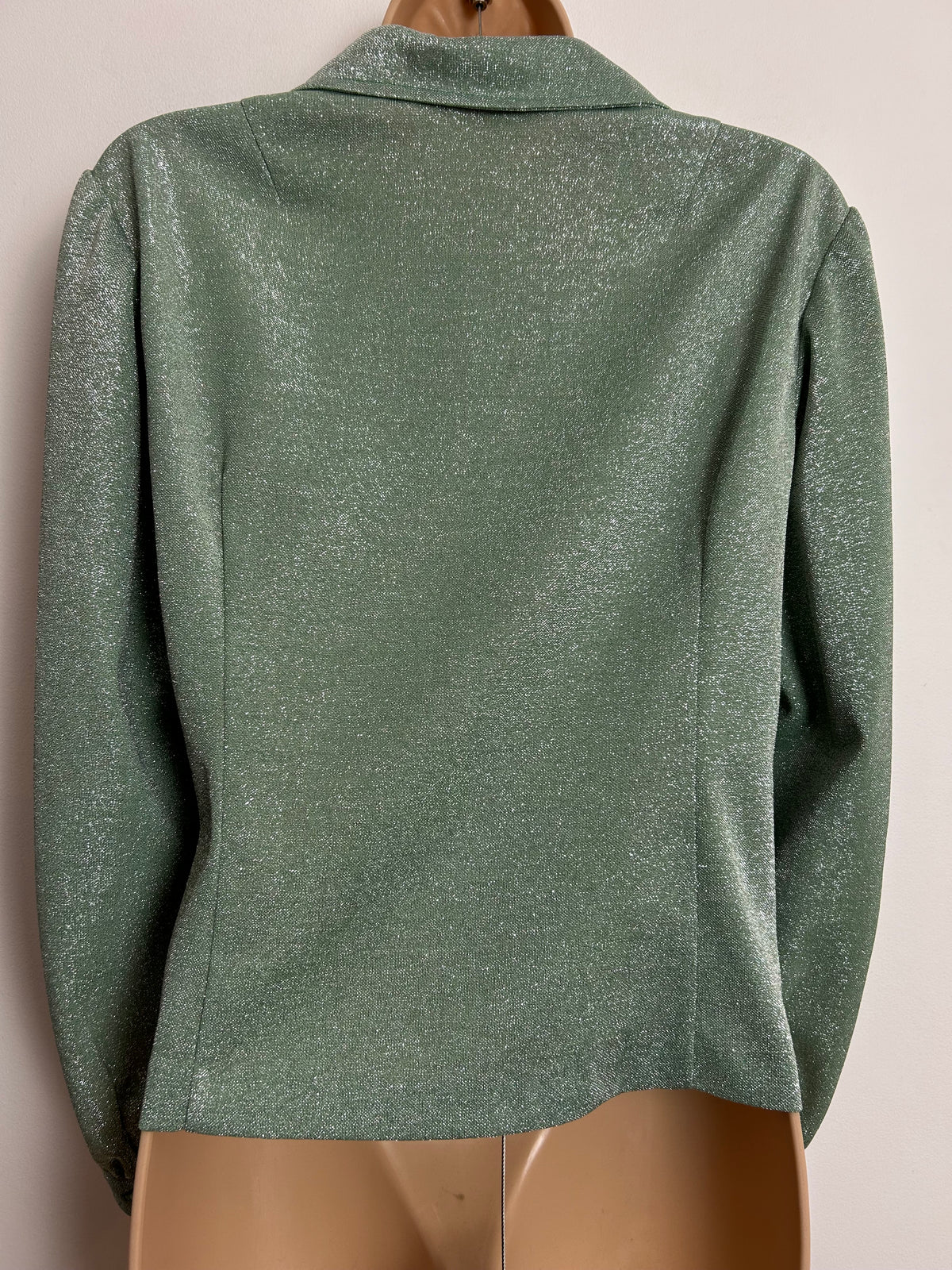 Vintage 1970s Size 10 Pale Green Glittery Lurex Wide Collared Long Sleeve Shirt/Blouse