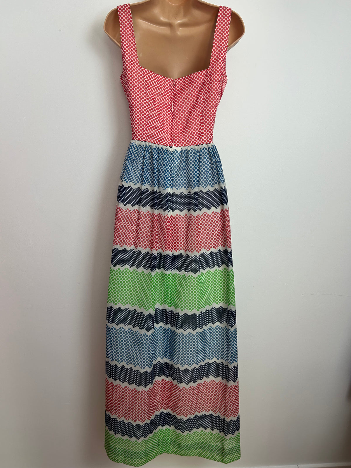 Vintage 1970s ROTER COUTURE Size 10 Red Blue Green & White Polka Dot Cotton Mix Summer Maxi Dress