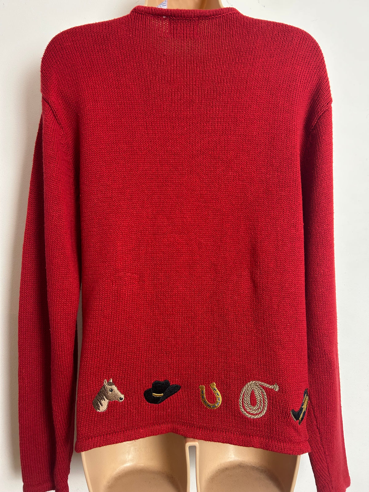 Vintage ROD'S Western Wear Size M (Up to size 14) Red Cowboy Line Dancing Applique Novelty Cardigan