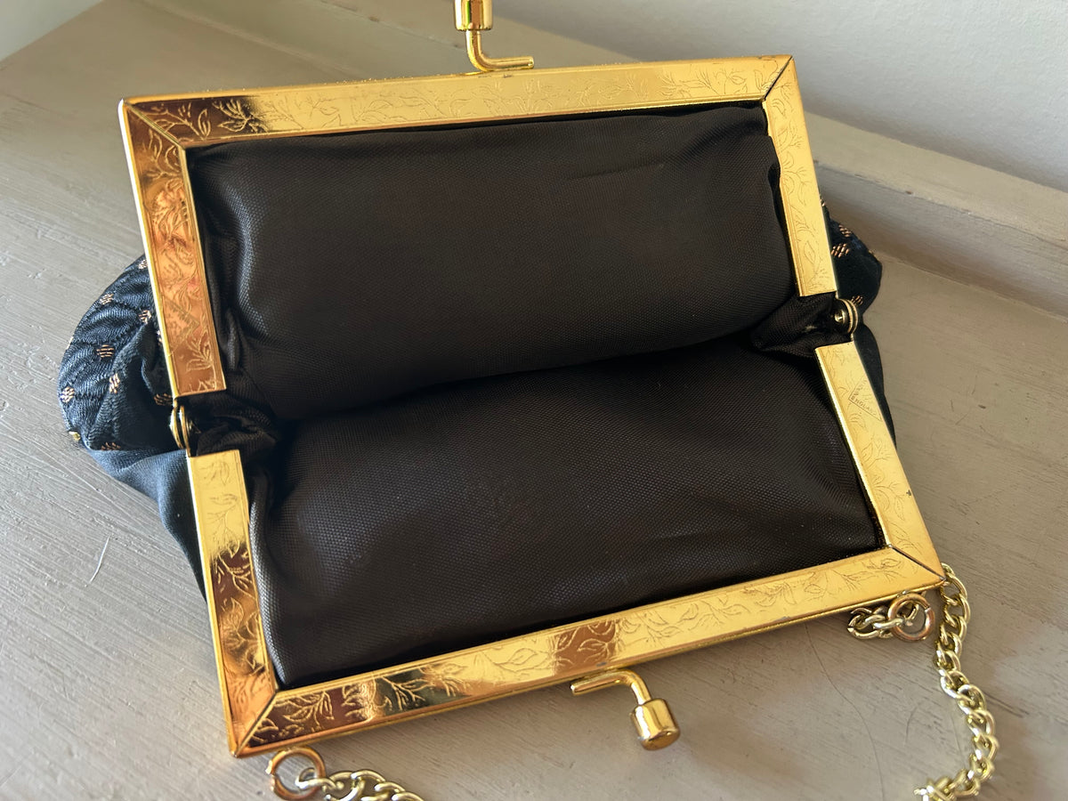 Vintage 1960s Small Black & Metallic Gold Satin Fabric Evening Bag With Chain Handle