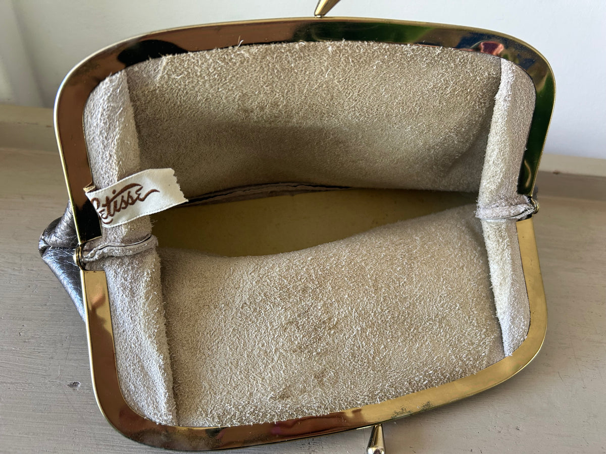 Vintage 1960s LETISSE Small Brown Leather Mock Croc Clutch Bag