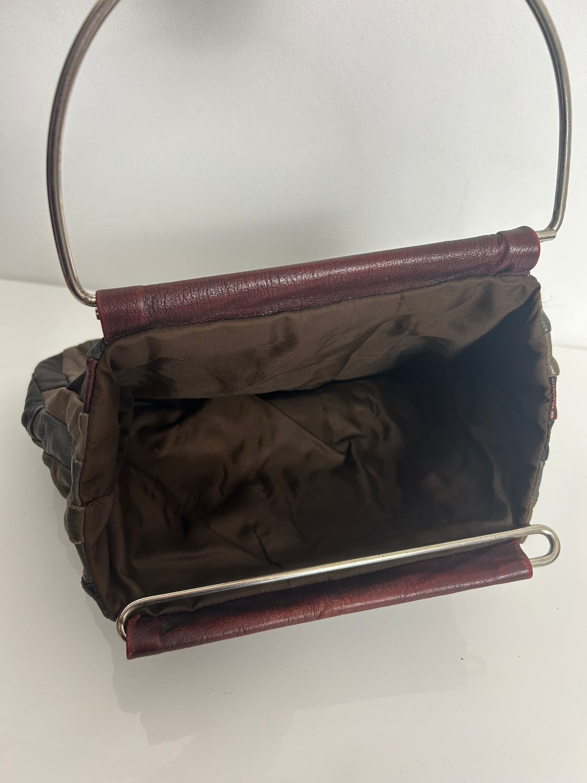 Vintage 1970s Dark Red Green & Grey Tones Patchwork Leather Metal Handled Boho Handbag