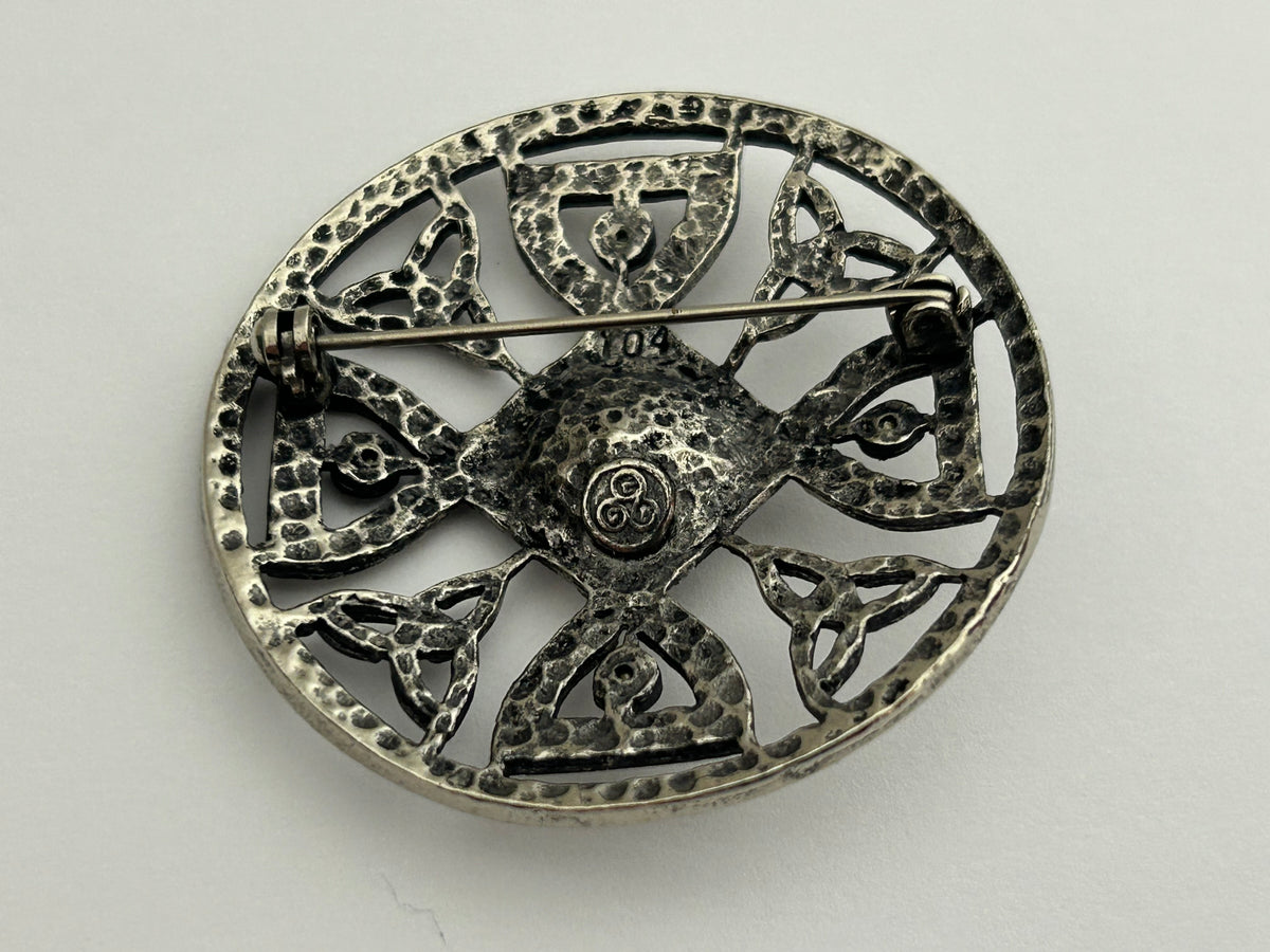 Vintage Celtic Scottish Silver Celtic Knot Stamped Purple Stone Set Round Brooch