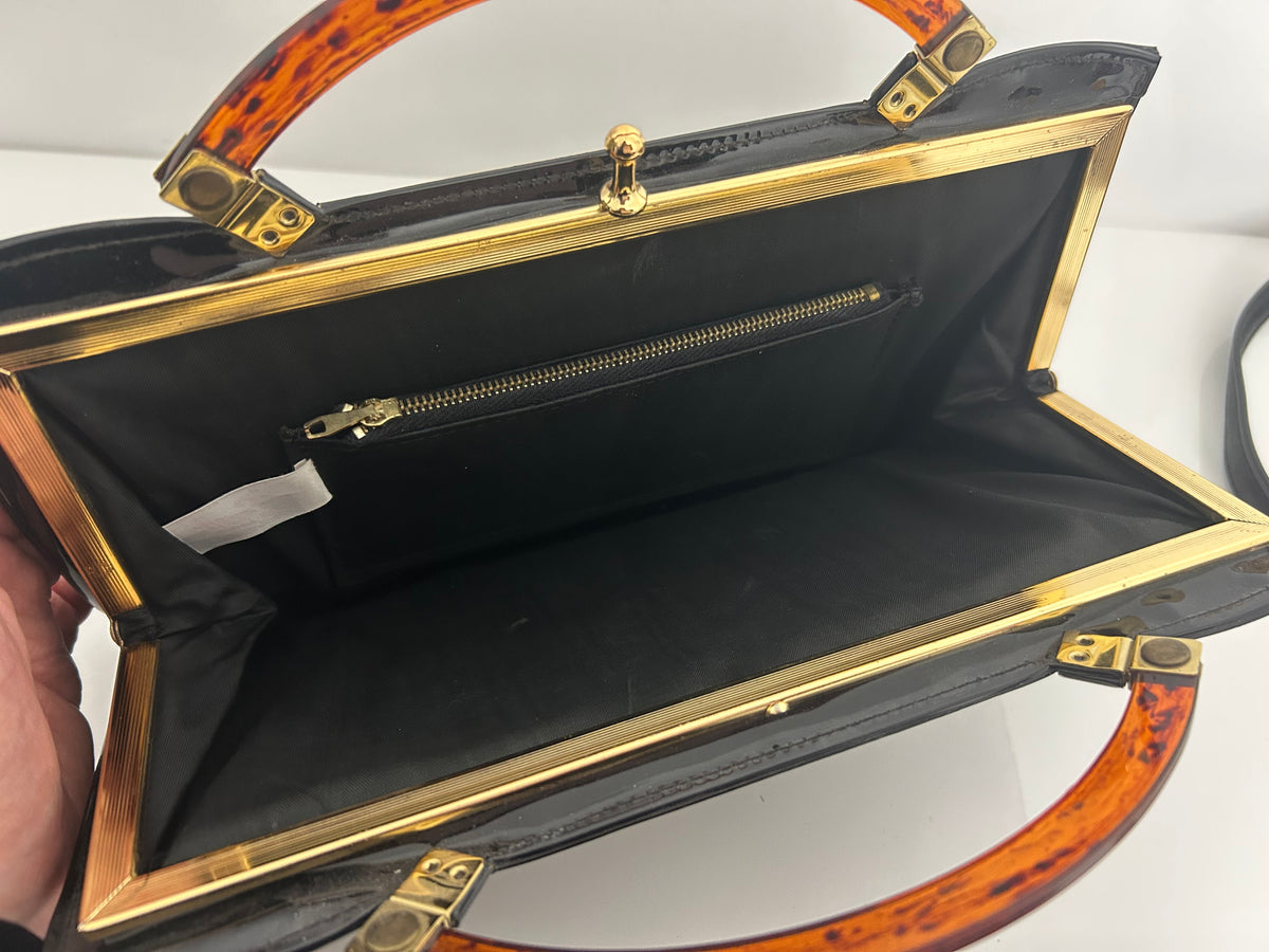 Vintage 1960s ESSELL Fabulous Black Patent Tortoiseshell Handles rectangular Handbag