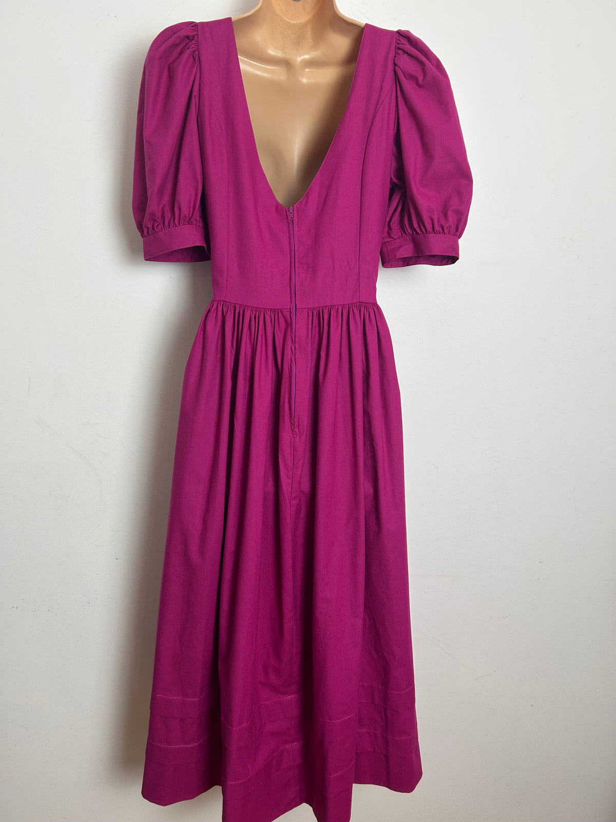 Vintage 1980s LAURA ASHLEY Size 12 (16 On Label) Fuchsia Pink Puff Sleeve Pleated Midi Dress
