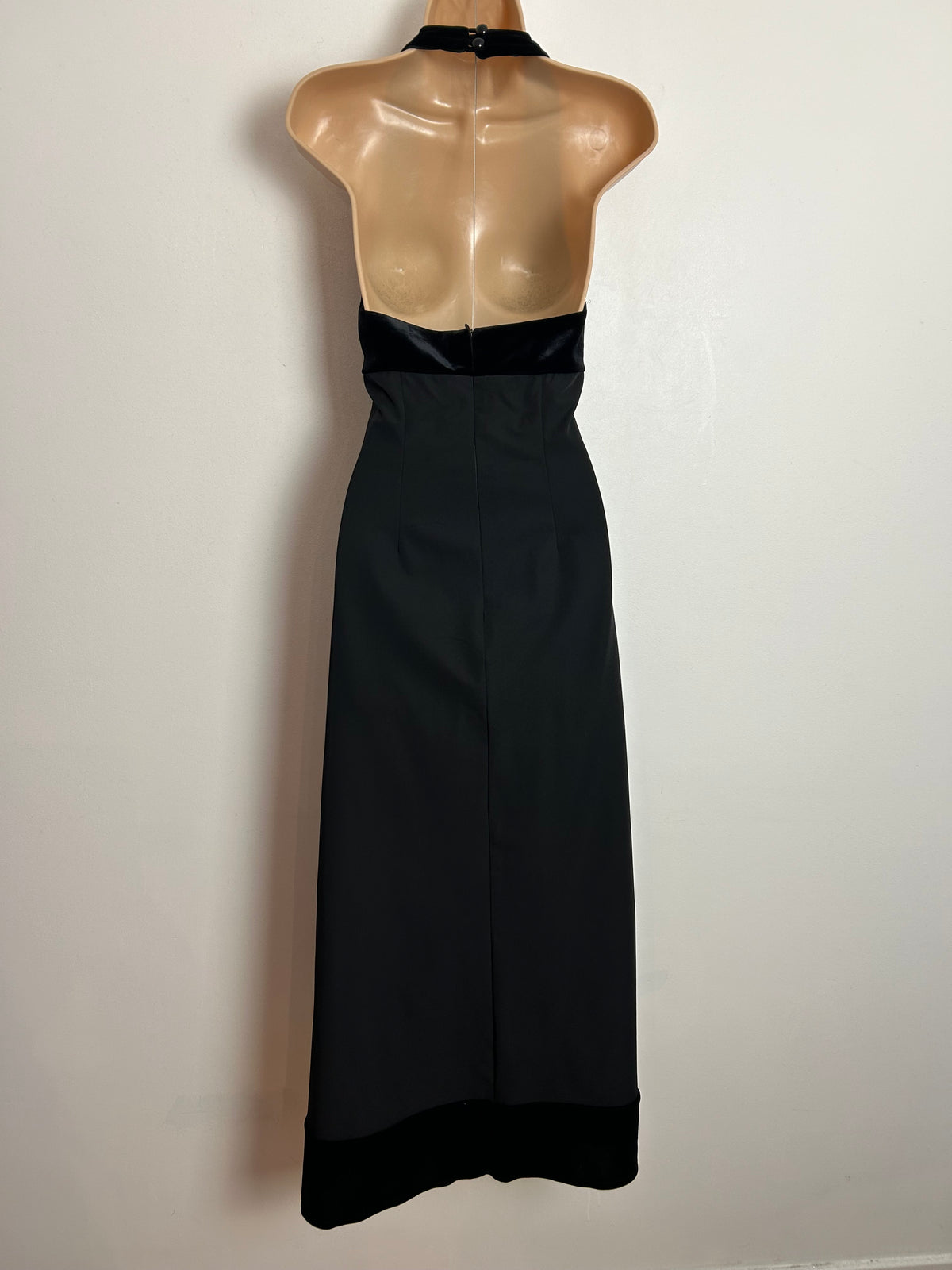 Vintage Late 1980s/Early 1990s ANGIE UK Size 6 Black Velvet Bodice Halterneck Evening Maxi Dress