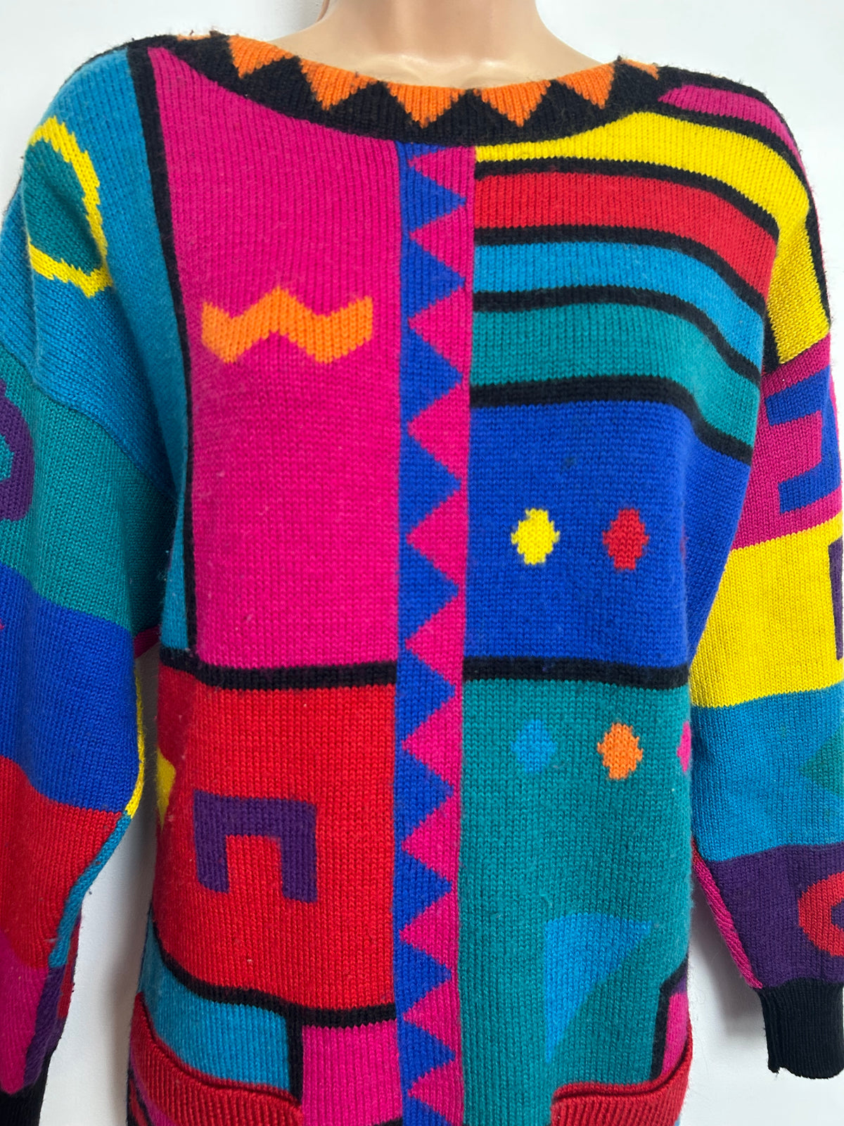 Vintage 1980s BIRDS OF Size 12-14 Bright Multicolour Abstract Geo Print Wool Mix Jumper
