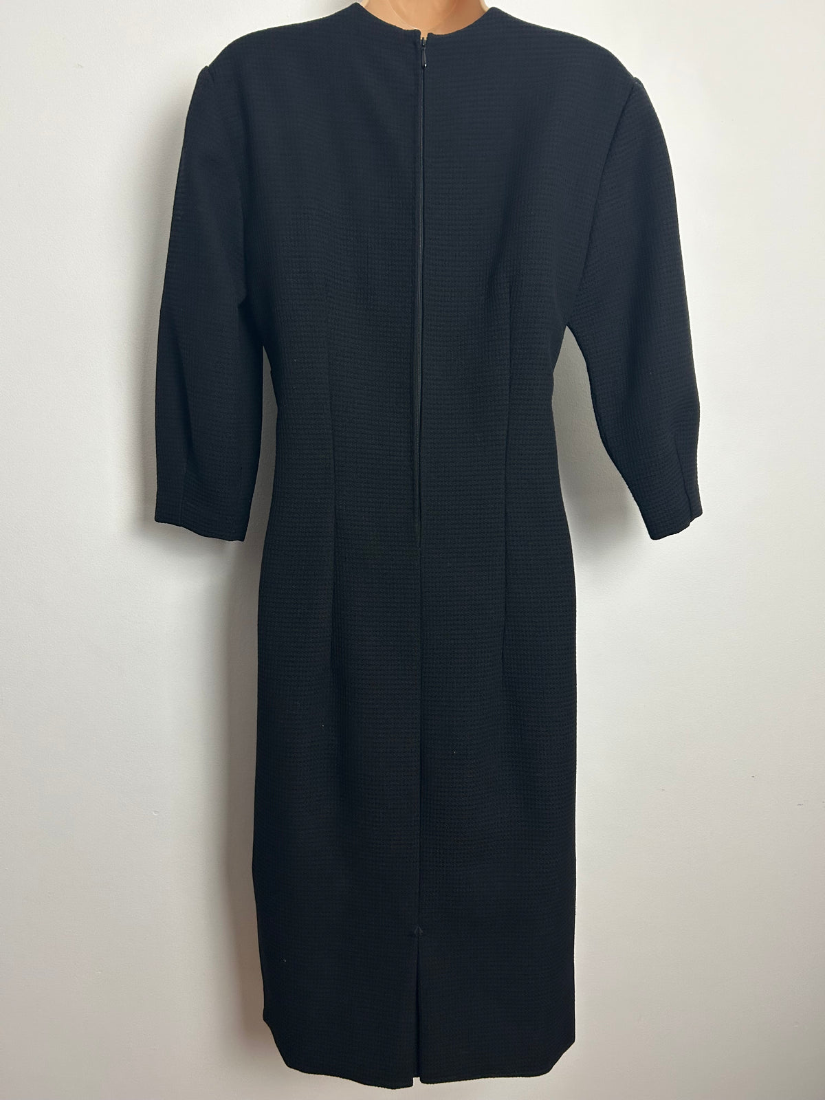 Vintage 1960s Size 10 Black Waffle Texture 3/4 Sleeve Buckle Detail Wiggle Dress
