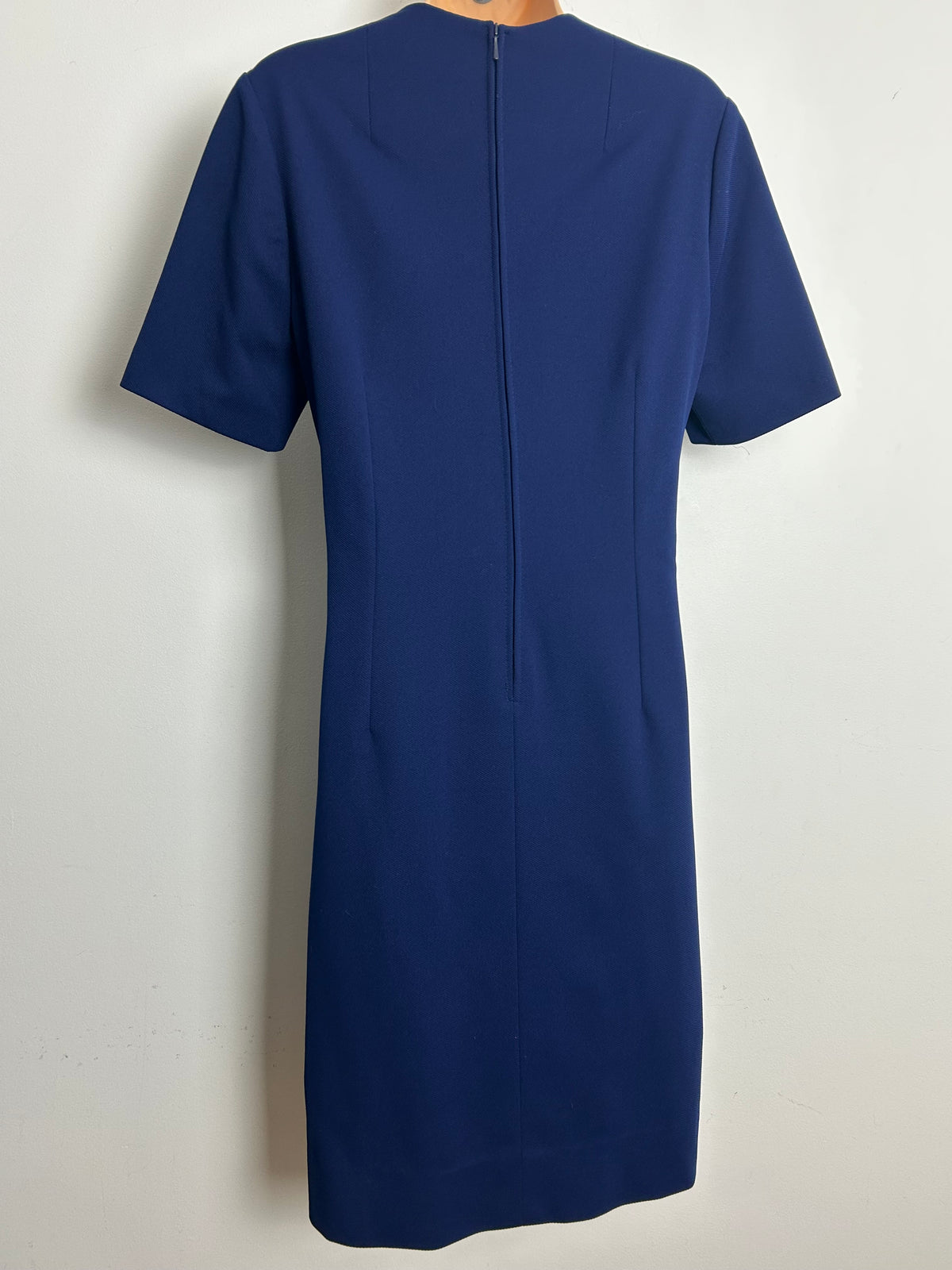 Vintage 1960s Size 14-16 Navy Blue & White Stripe Woven Bodice Detail Mod Shift Dress