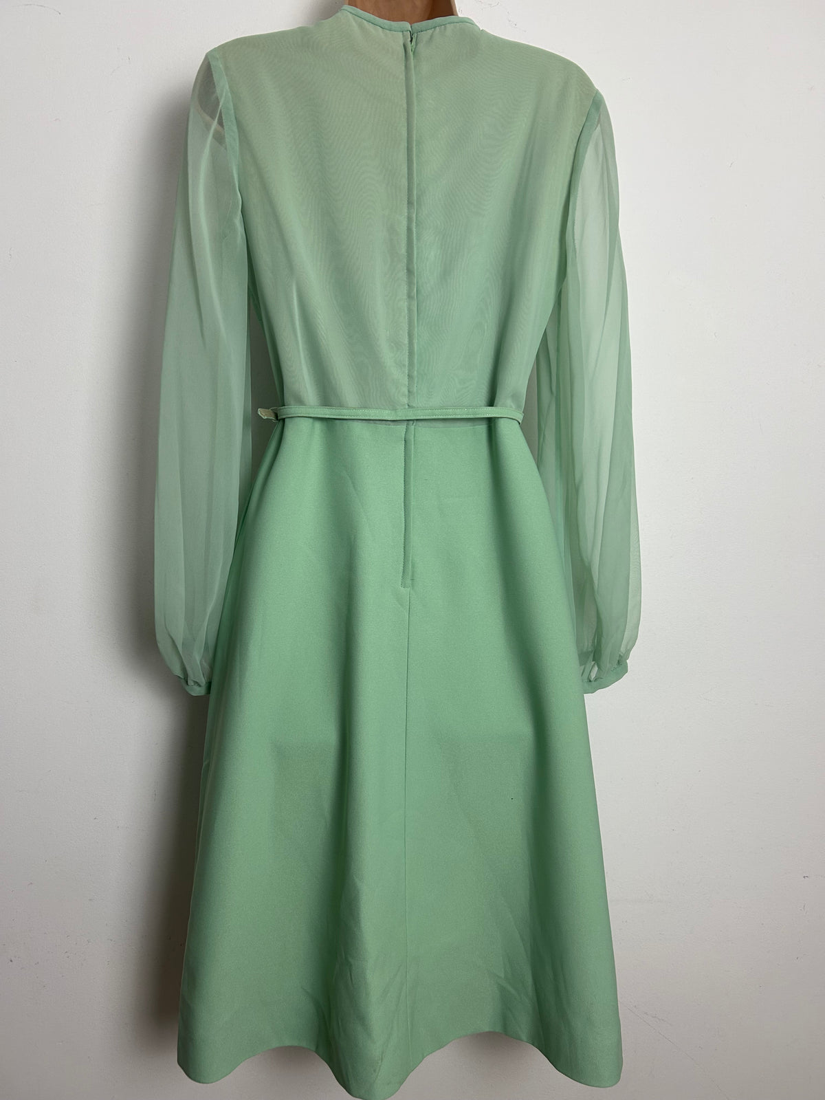 Vintage 1960s PEGGY FRENCH COUTURE Size 8 Pale Green Ruffle Trim Belted Mod Dress