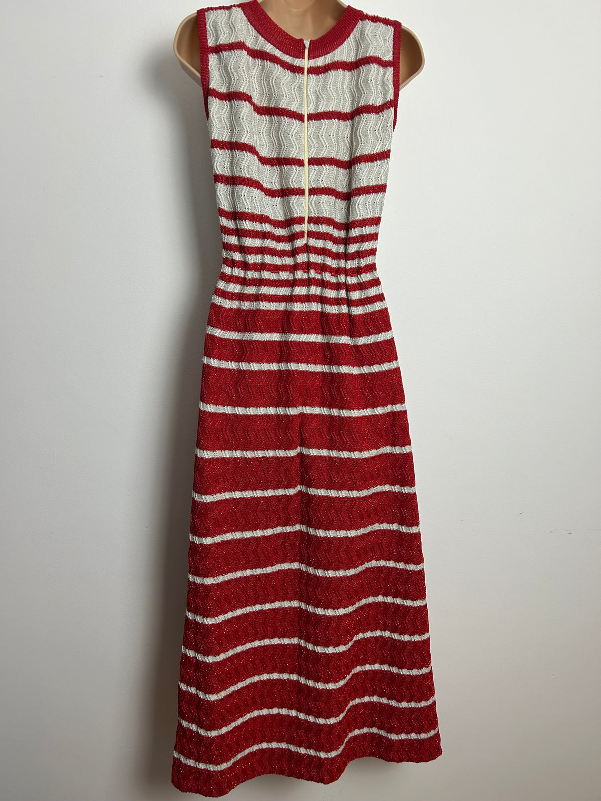 Vintage 1970s SAINT MARY Size 12-14 Red & Pale Silver Thread Stripe Sleeveless Maxi Dress