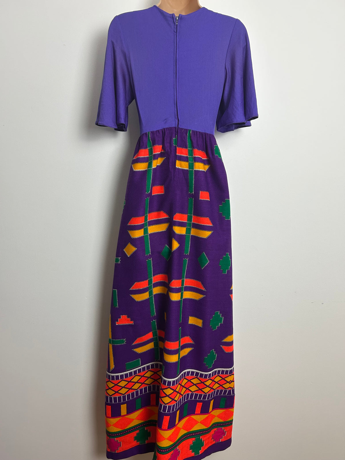 American Vintage 1970s BOBBIE BROOKS Size 8 Purple Mustard Red & Green Abstract Print Maxi Dress